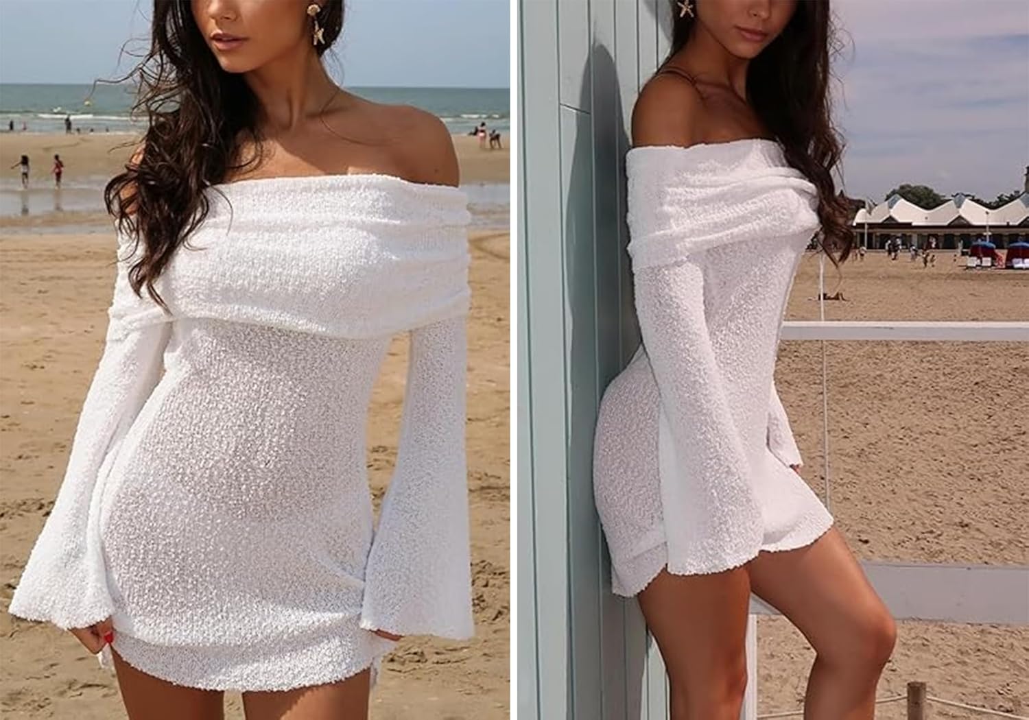 LETSVDO Women's Off Shoulder Mini Dress Bodycon Long Sleeve Knit Crochet Sexy Party Sweater Dresses - Image 3