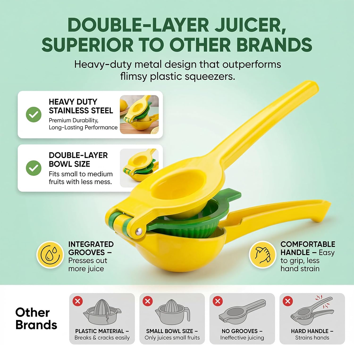 2 packs 2-in-1 Stainless Steel Metal Lemon Lime Squeezer Maximum Juice & Extraction Hand Citrus Press,Ultra-Durable Manual Lemon Juicer,Send Goods from Local Warehouse