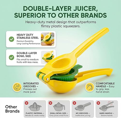 Miniatura 4 de Exprimidor de limón y lima de metal de acero inoxidable 2 en 1, máxima extracción de jugo de mano, exprimidor de cítricos manual ultraduradero y