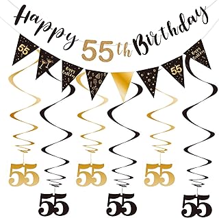 BRT Bearingshui 55th Birthday Decoration Kit for Men Women, Happy 55th Birthday Banner Bunting Swirls Streamers, Triangle Flag Banner for Birthday Party Decorations Supplies Black and Gold 55th