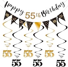 BRT Bearingshui 55th Birthday Decoration Kit for Men Women, Happy 55th Birthday Banner Bunting Swirls Streamers, Triangle Flag Banner for Birthday Party Decorations Supplies Black and Gold 55th