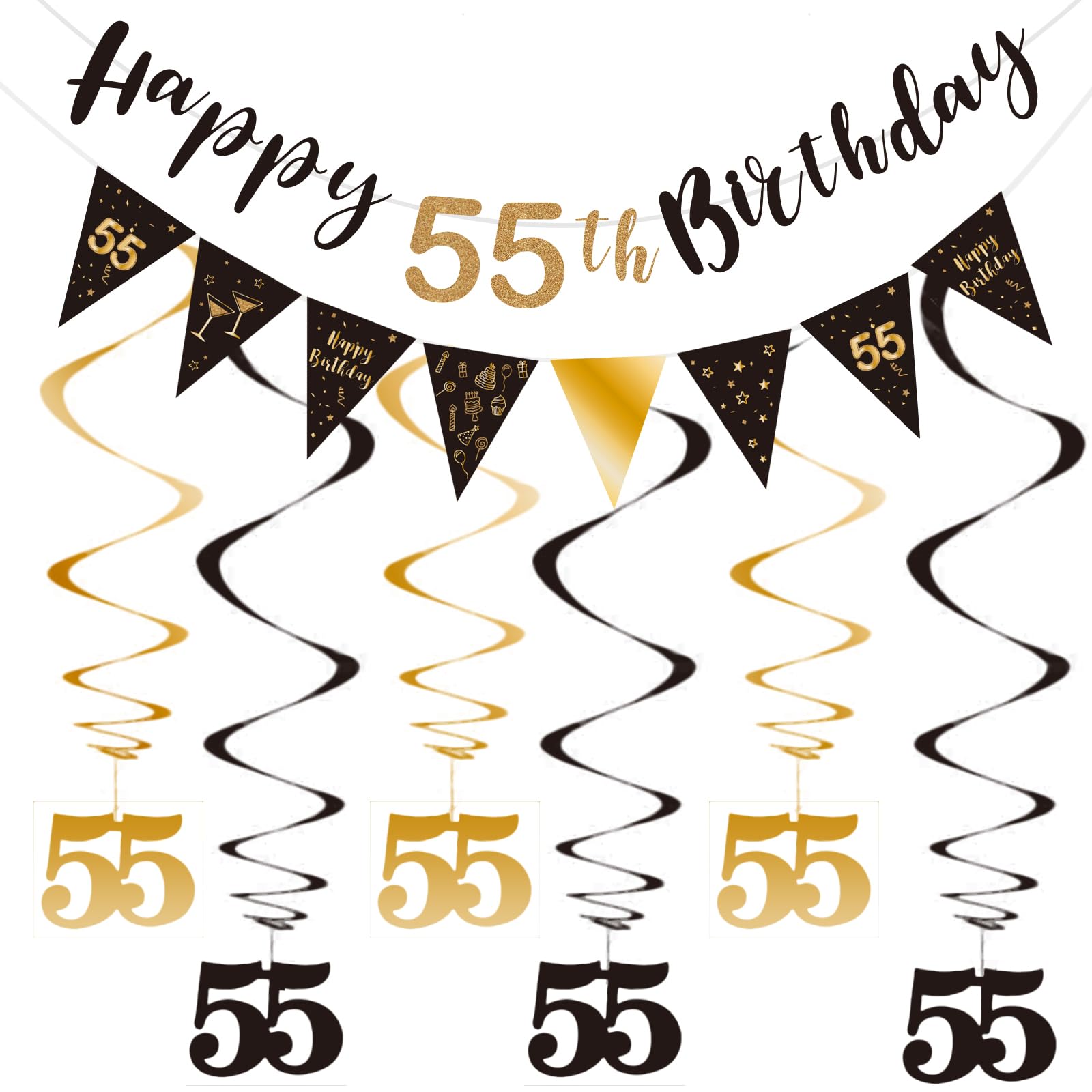 BRT Bearingshui 55th Birthday Decoration Kit for Men Women, Happy 55th Birthday Banner Bunting Swirls Streamers, Triangle Flag Banner for Birthday