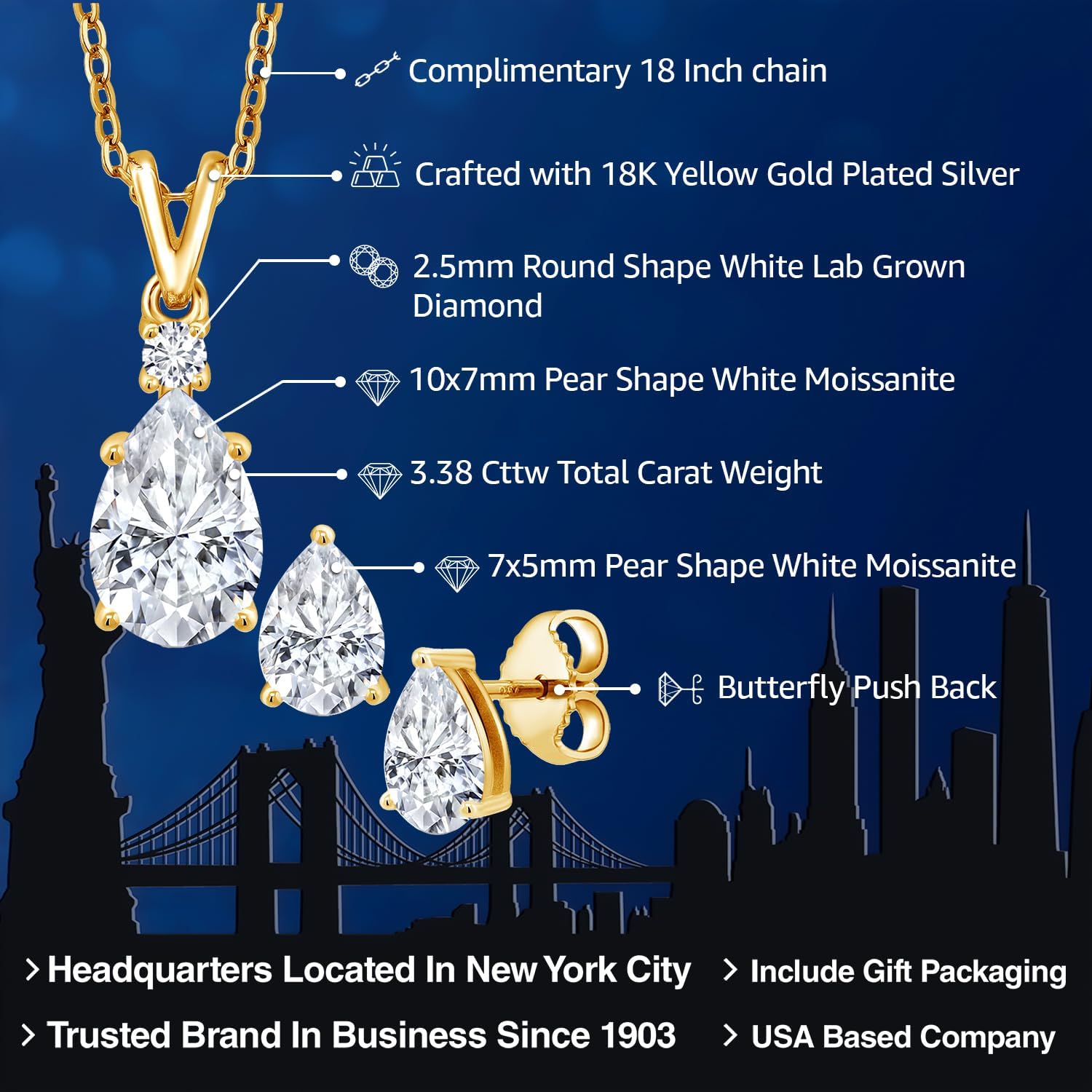 Gem Stone King 18K Yellow Gold Plated Silver Moissanite and Lab Grown Diamond Pendant and Earrings Jewelry Set For Women | 3.38 Cttw | Pear Shape 10X7MM and 7X5MM | With 18 Inch Chain - Image 2