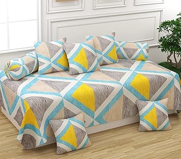 Vaastu Furnishings Prime Collection 160TC Supersoft Glace Cotton 8 pc Diwan Set (1 Single Bedsheet, 2 Bolster Covers and 5 Cushion Covers) - Grey Yellow Box - Gold Diwan