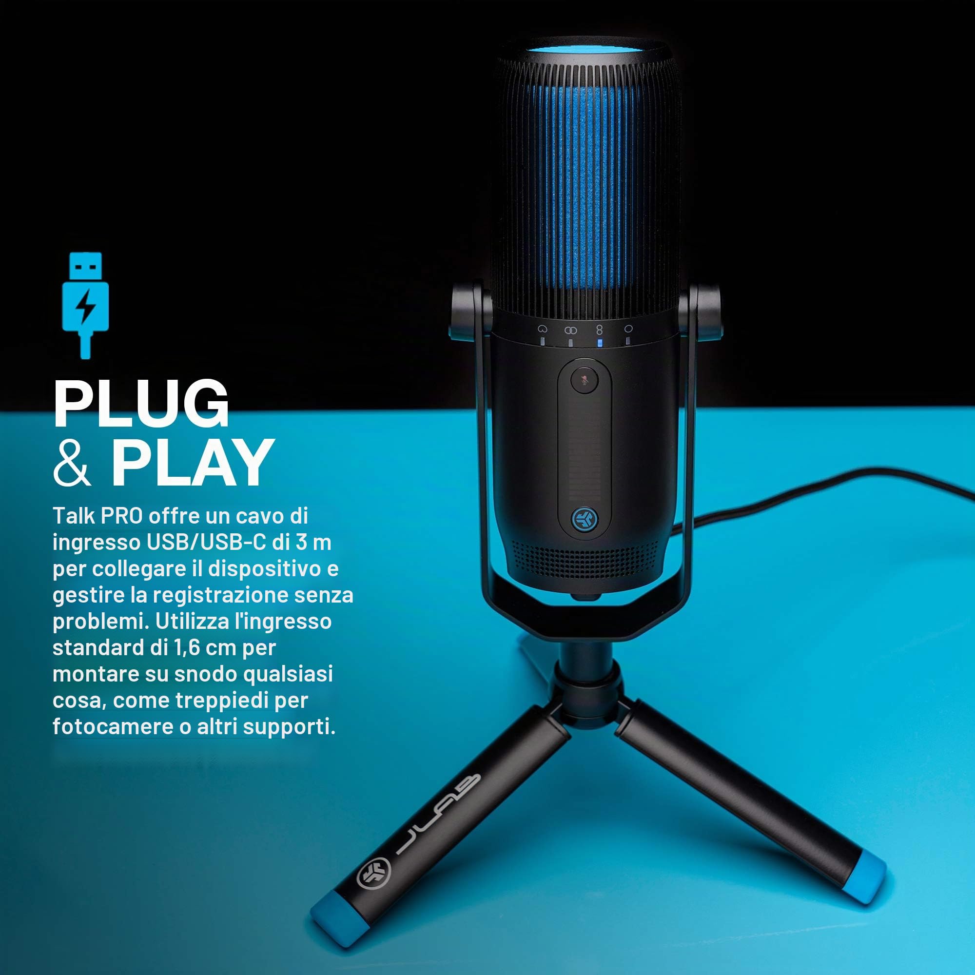 JLab Audio Talk PRO Microfono USB Plug and Play, Microfono per PC Portatile con Controllo Volume e Quick Mute - Microfono a Condensatore Professionale per Streaming, Podcasting e Gaming