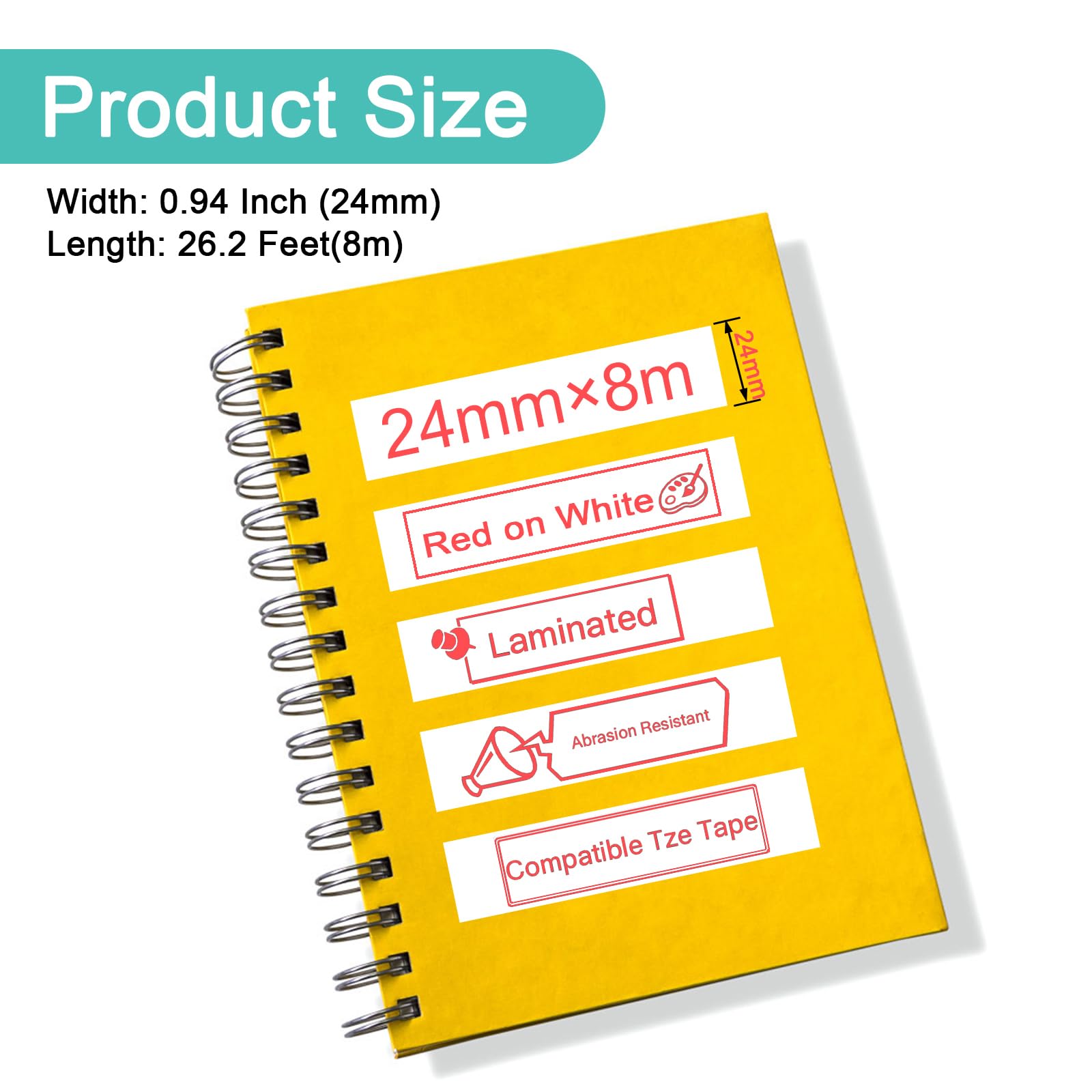 NineLeaf TZe-252 Etikettenband Kompatibel mit Brother P-Touch TZe252 TZ-252 TZ252 AZe 24mm 0.94'' Bänder Laminiertes Rot auf Weiß Schriftband für P-Touch PT-P700 D600 D610BT 2310 2430 P900, 8PK