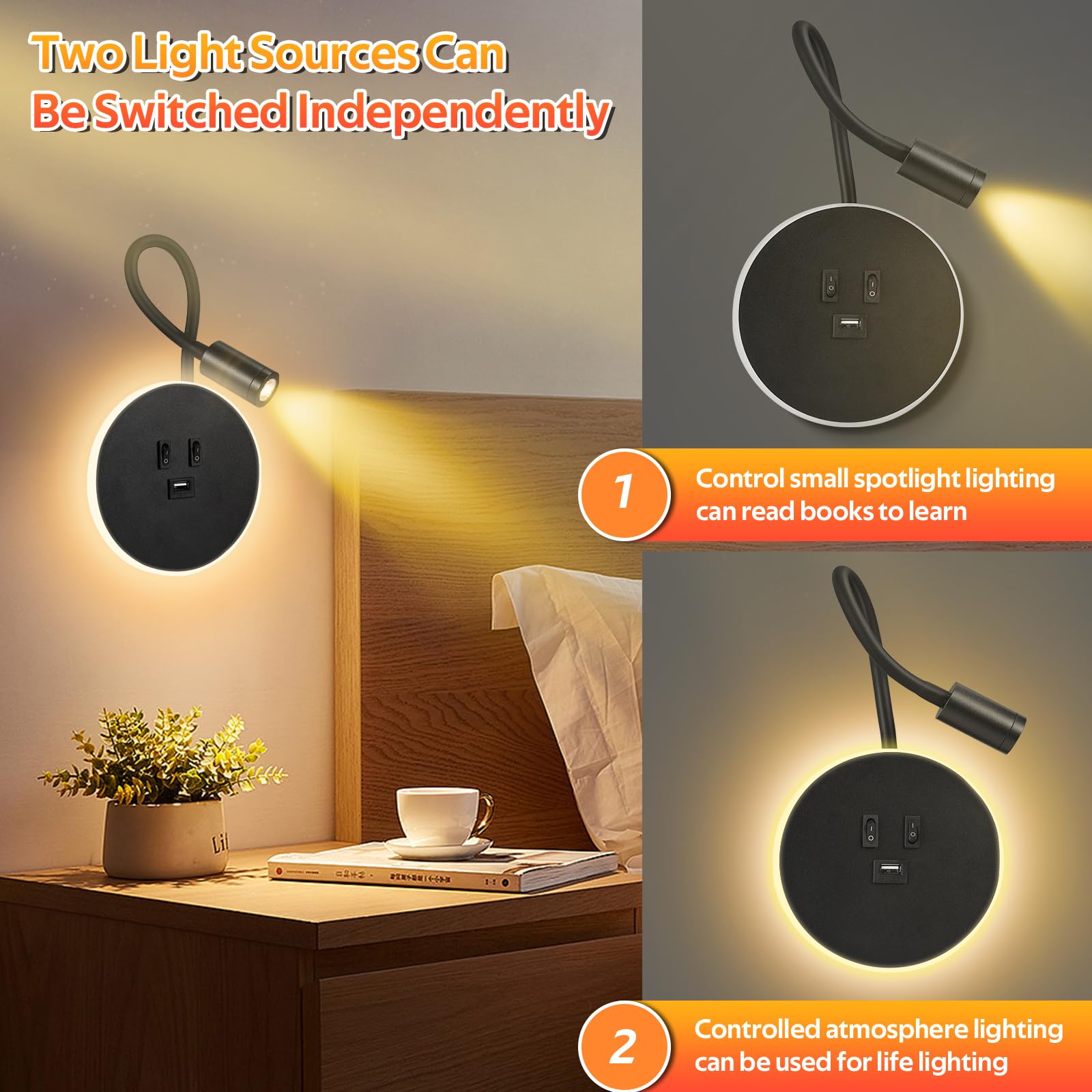 Applique Murale Interieur LED Lampe de Lecture avec Interrupteur Liseuses Murales de Chevet Réglable Chargeur USB 3000K Noir