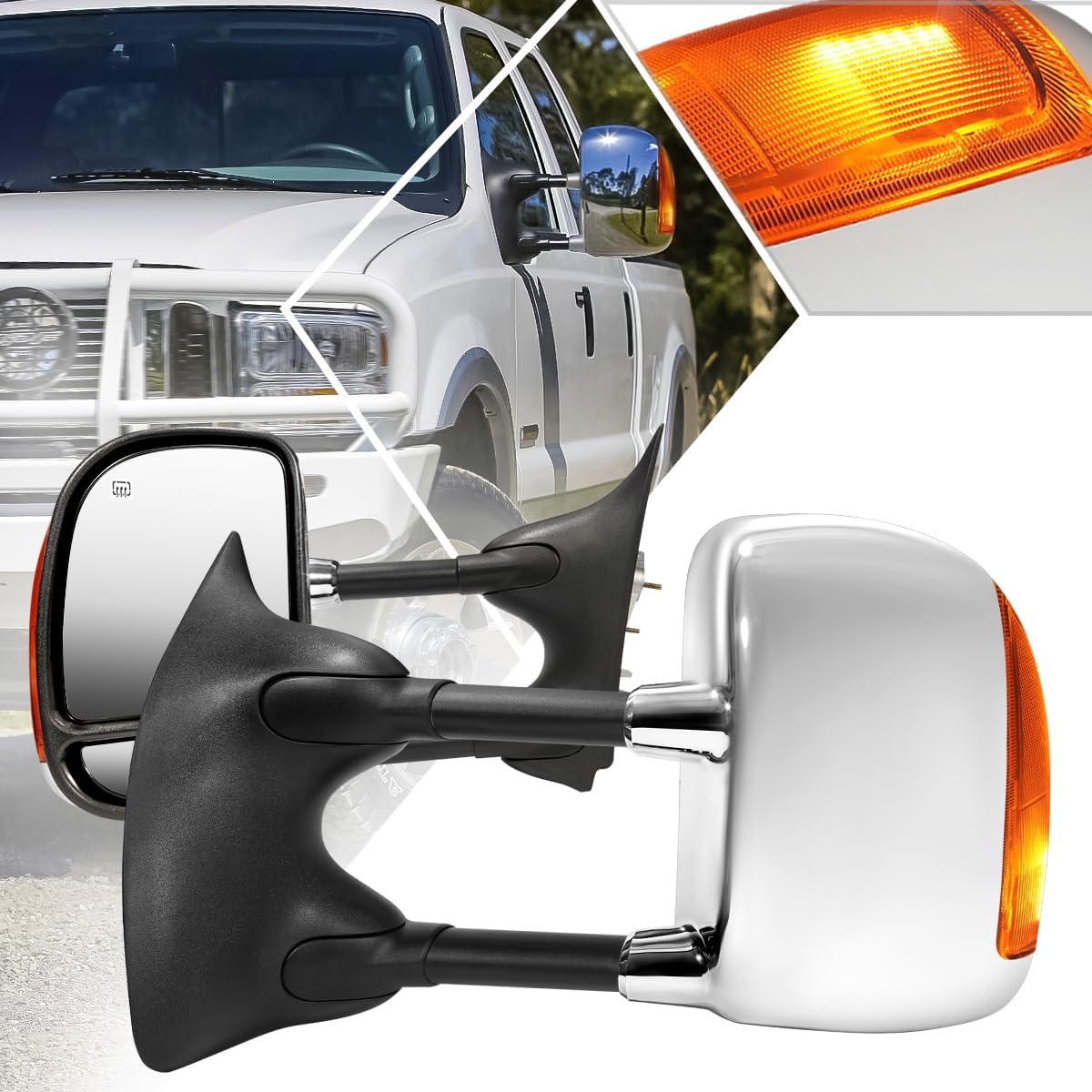 [Pair] Power Heated Tow Towing Mirrors Side Mirrors w/Amber LED Signal Compatible with 99-07 F250-F550 Super Duty,Chrome
