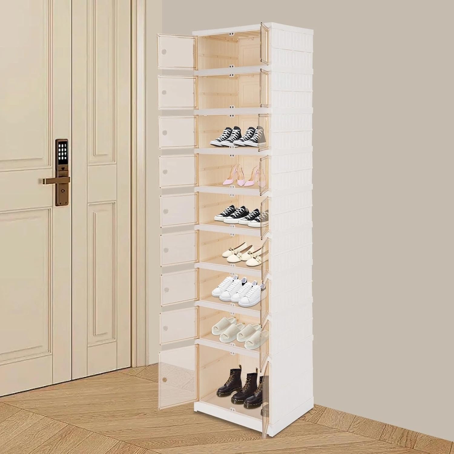 for 9 Tiers 18 Pairs Shoe Box Foldable Shoe Rack, Shoe Storage Organizer, Doors