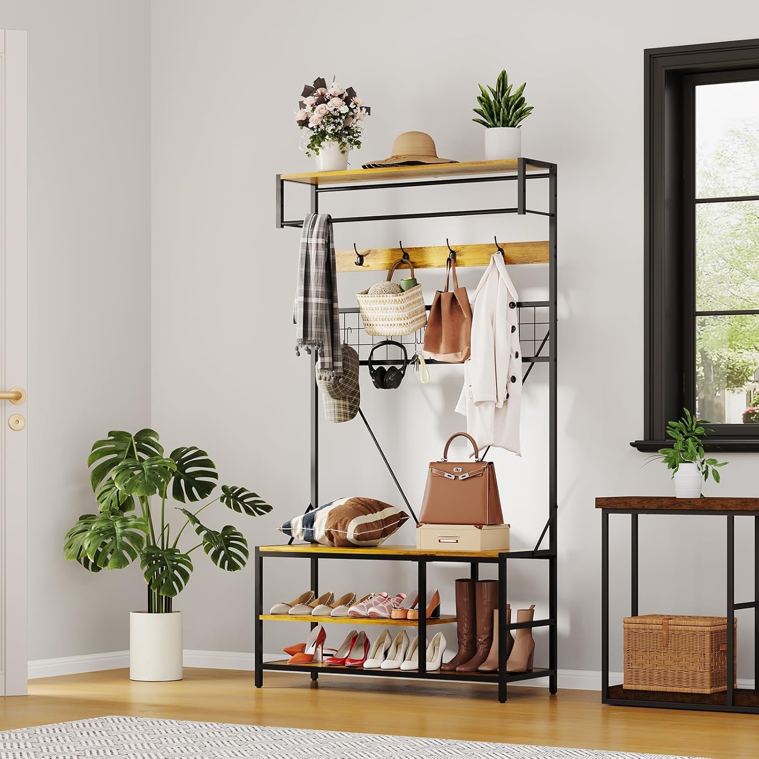 5-in-1 Hall Tree Coat Rack with Bench - Entryway Organizer with Adjustable Shoe Storage, Hanging Rod & 9 Hooks - Space-Saving Stand for Hallway or Bedroom, Charcoal Wood