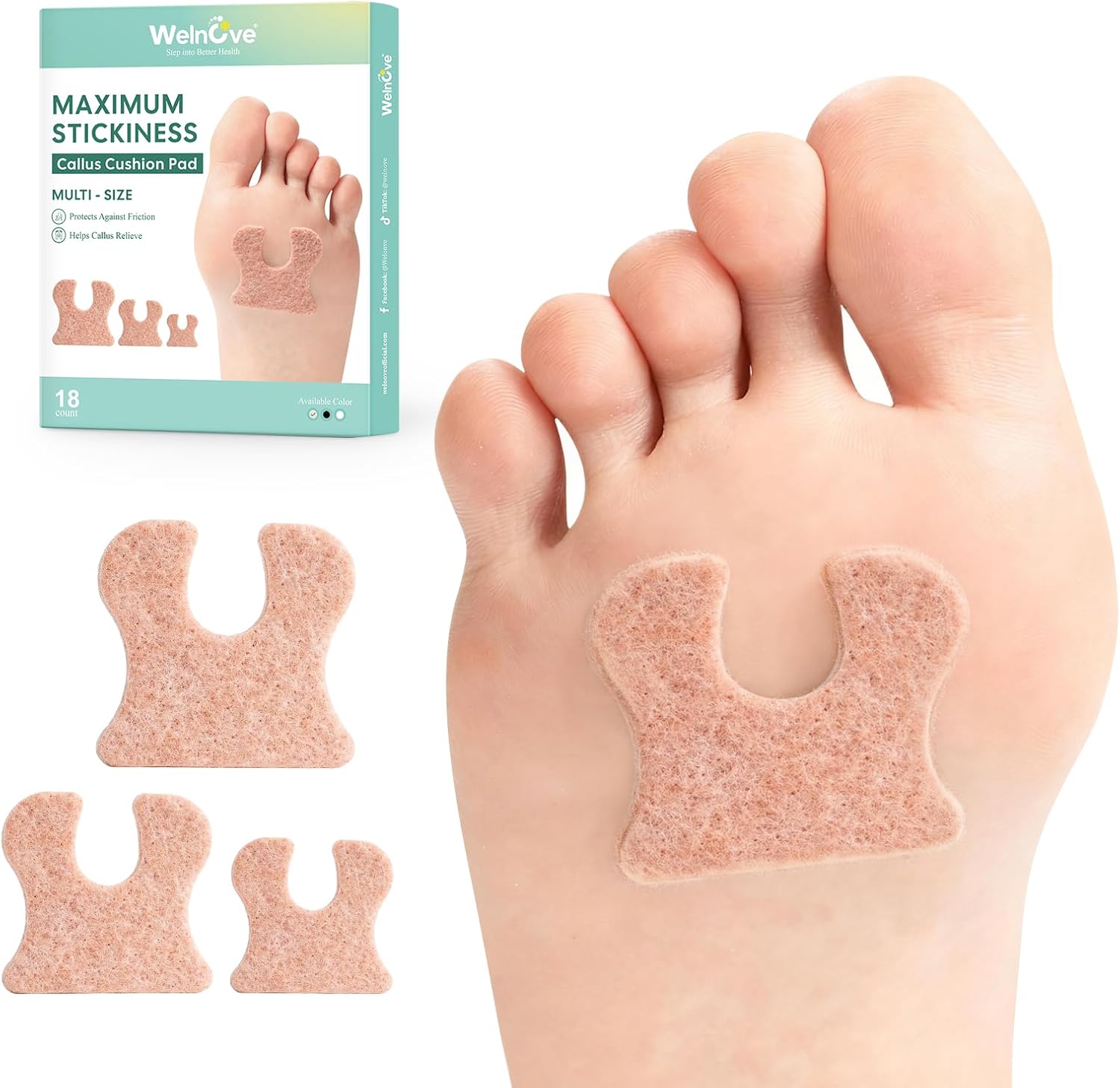 Welnove U-Shaped Felt Callus Pads, 18-Pc Pack – Self-Adhesive Cushions to Prevent Rubbing & Relieve Pain