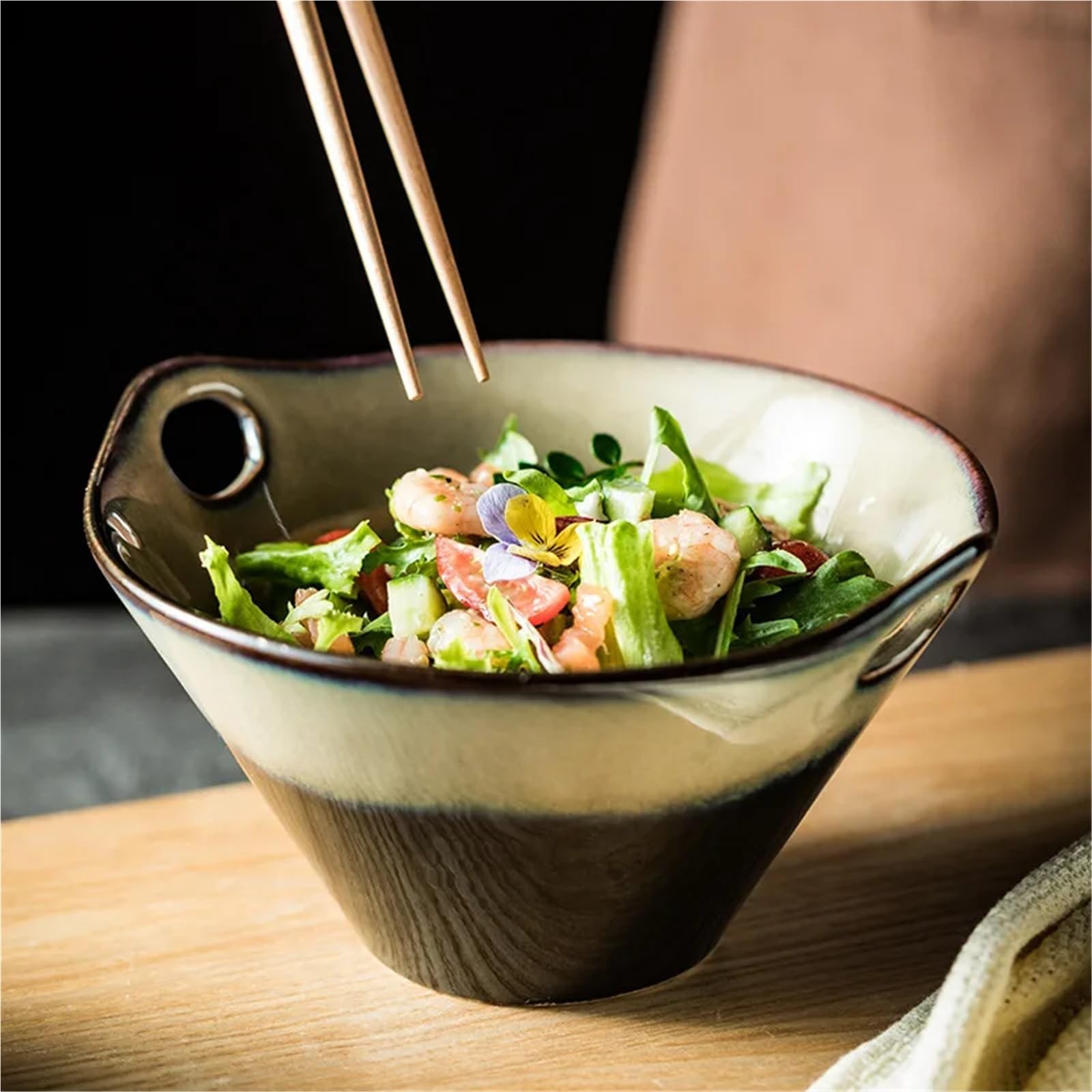Keramikschale im japanischen Stil mit Löchern, vielseitig einsetzbar für Instant-Nudeln, Suppe, Salat, geeignet für Schlafsaal und Haushalt (7,5 Kaffee-Gold)