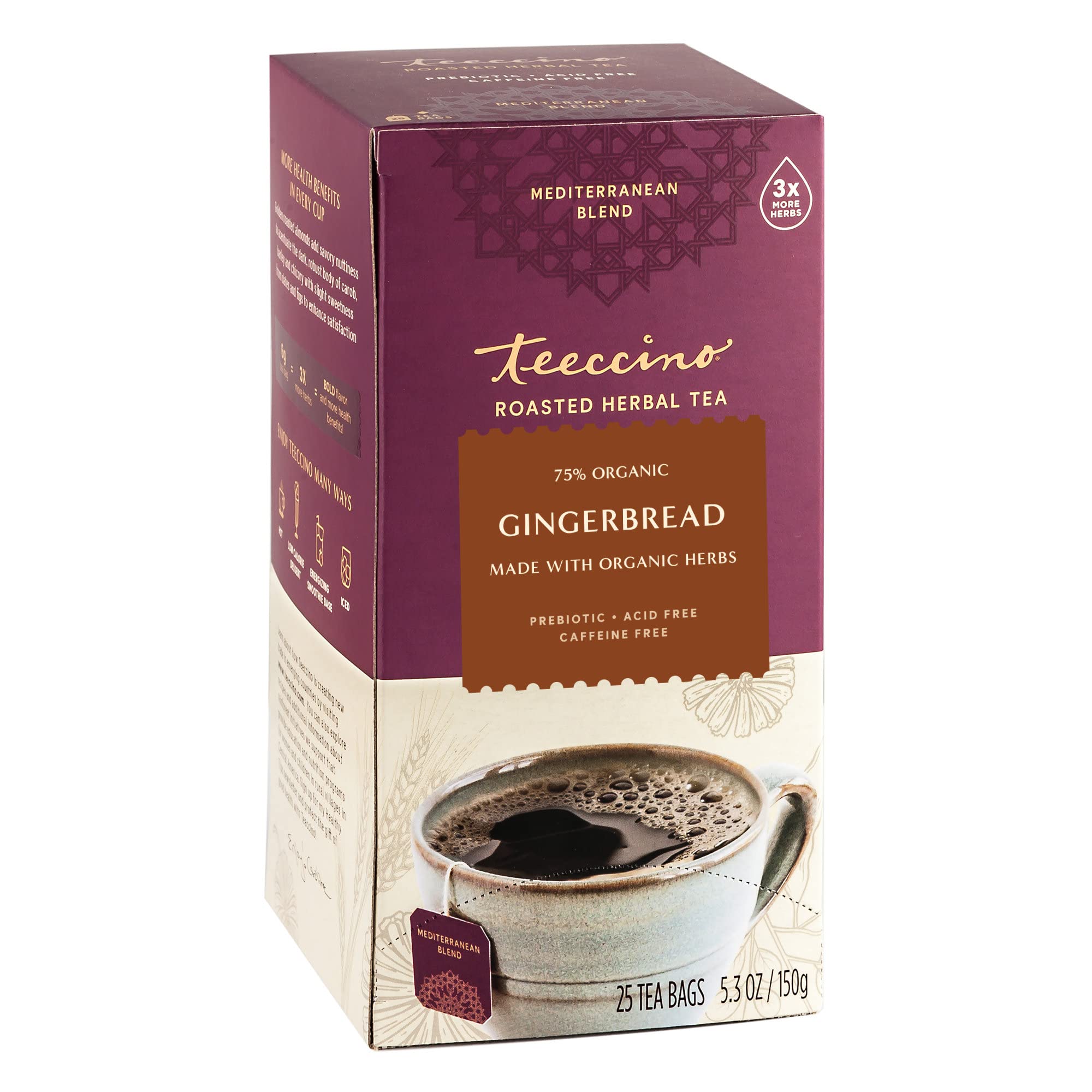 Teeccino Gingerbread Chicory Coffee Alternative - Holiday Dessert Beverage That’s Prebiotic, Caffeine-Free & Acid Free, Medium Roast, 25 Tea Bags