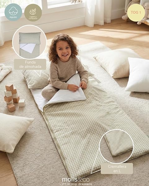 molis&co - Saco de Dormir Infantil 1.0 TOG - Saco Edredón Relleno Nórdico - Ideal para Primavera y Otoño - Juego de Manta 140x70cm con Almohada 60x40cm - 100% algodón - 3