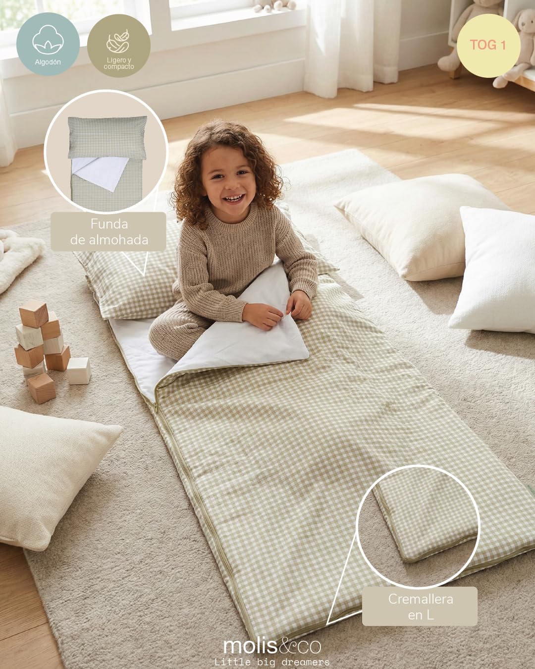 molis&co - Saco de Dormir Infantil 1.0 TOG - Saco Edredón Relleno Nórdico - Ideal para Primavera y Otoño - Juego de Manta 140x70cm con Almohada 60x40cm - 100% algodón — view 3