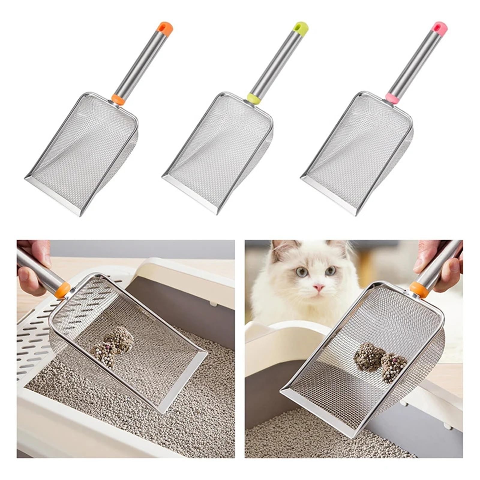 Łopatka do żwirku dla kota ze stali nierdzewnej, łatwa do czyszczenia, nieprzywierająca, dla gadów, piasek, 2,8 x 2,8 mm, pomarańczowa