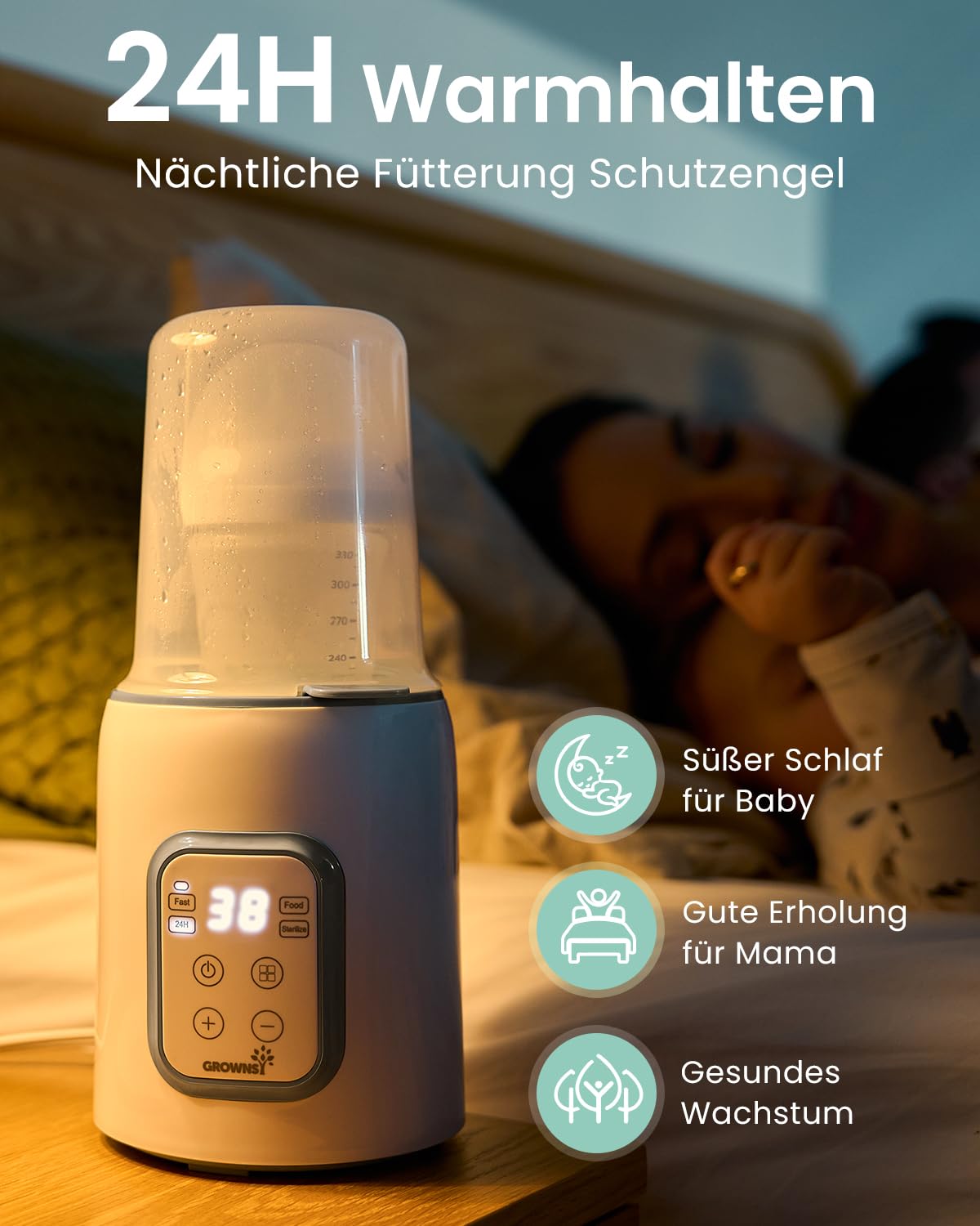 Flaschenwärmer, GROWNSY 8-in-1 schneller Babymilchwärmer mit Timer für Muttermilch oder Formula, genaue Temperaturkontrolle,mit Auftau,Sterilisier,Aufbewahrungs,Erwärmungsfunktion für Babykostgläser