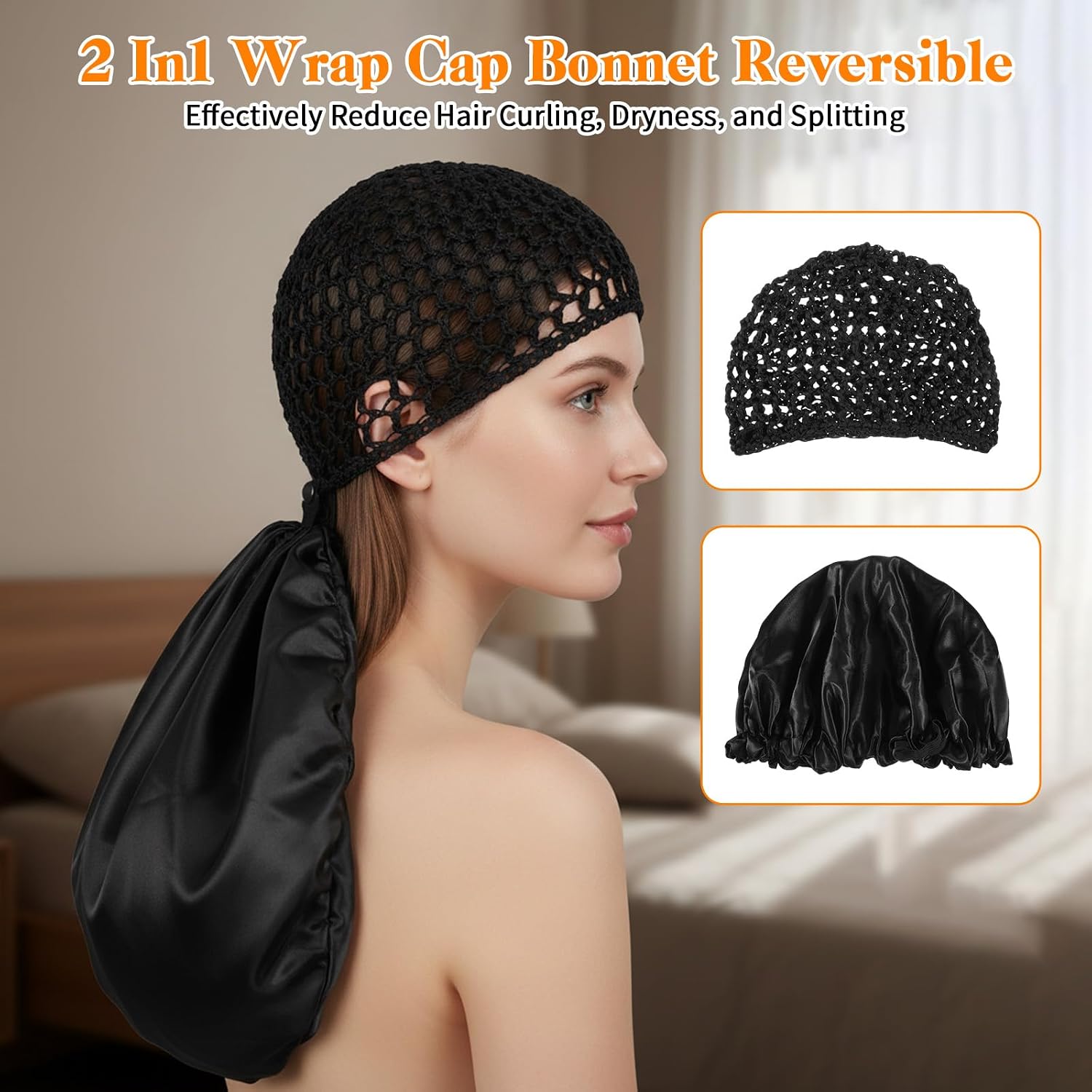 2 in 1 Wrap Cap Bonnet Hair Net Adjustable Hair Bonnet for Sleeping Detachable Hairs Cap Net Double Layer Hairs Wrap Scarf for Women Long Curly Braided