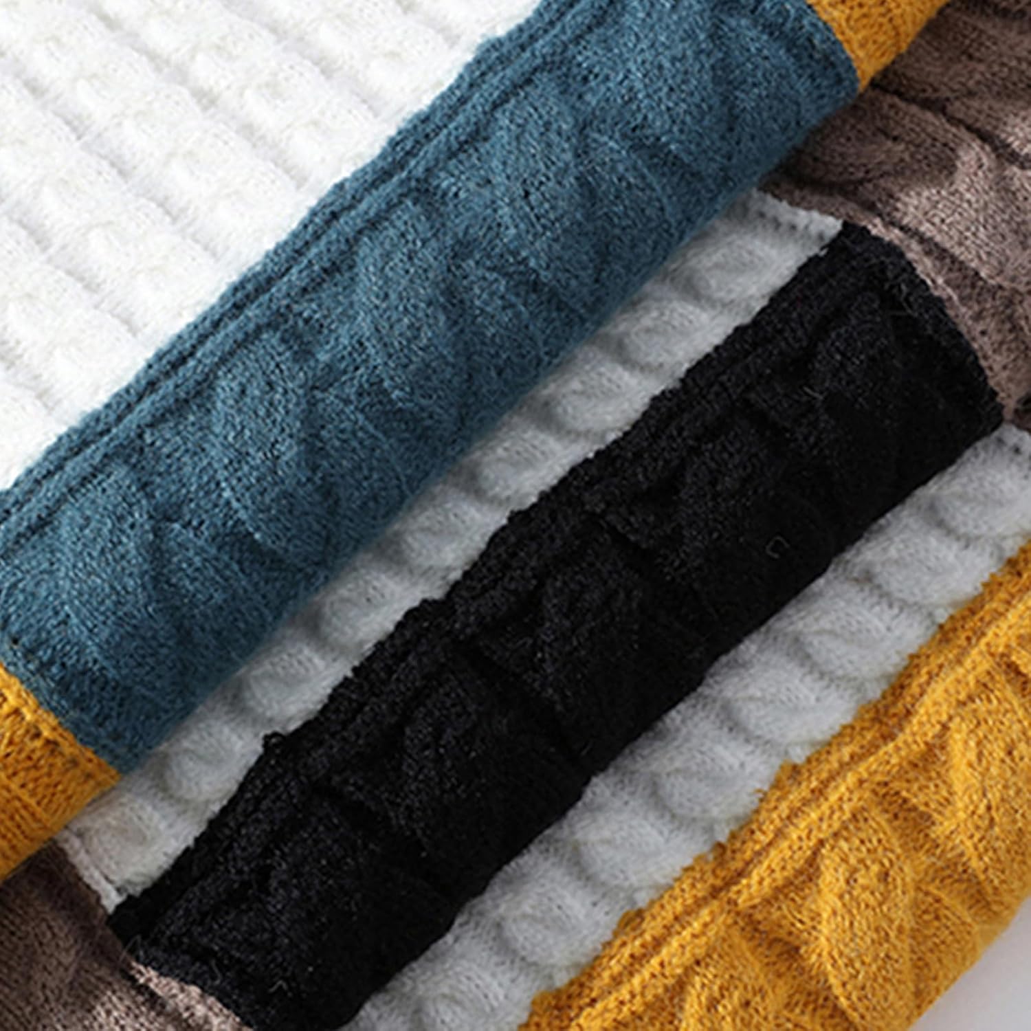 Cambkatl Men's Patchwork Cable Knit Pullover Sweaters Stylish Colorblock Turtleneck Long Sleeve Casual Jumper Tops