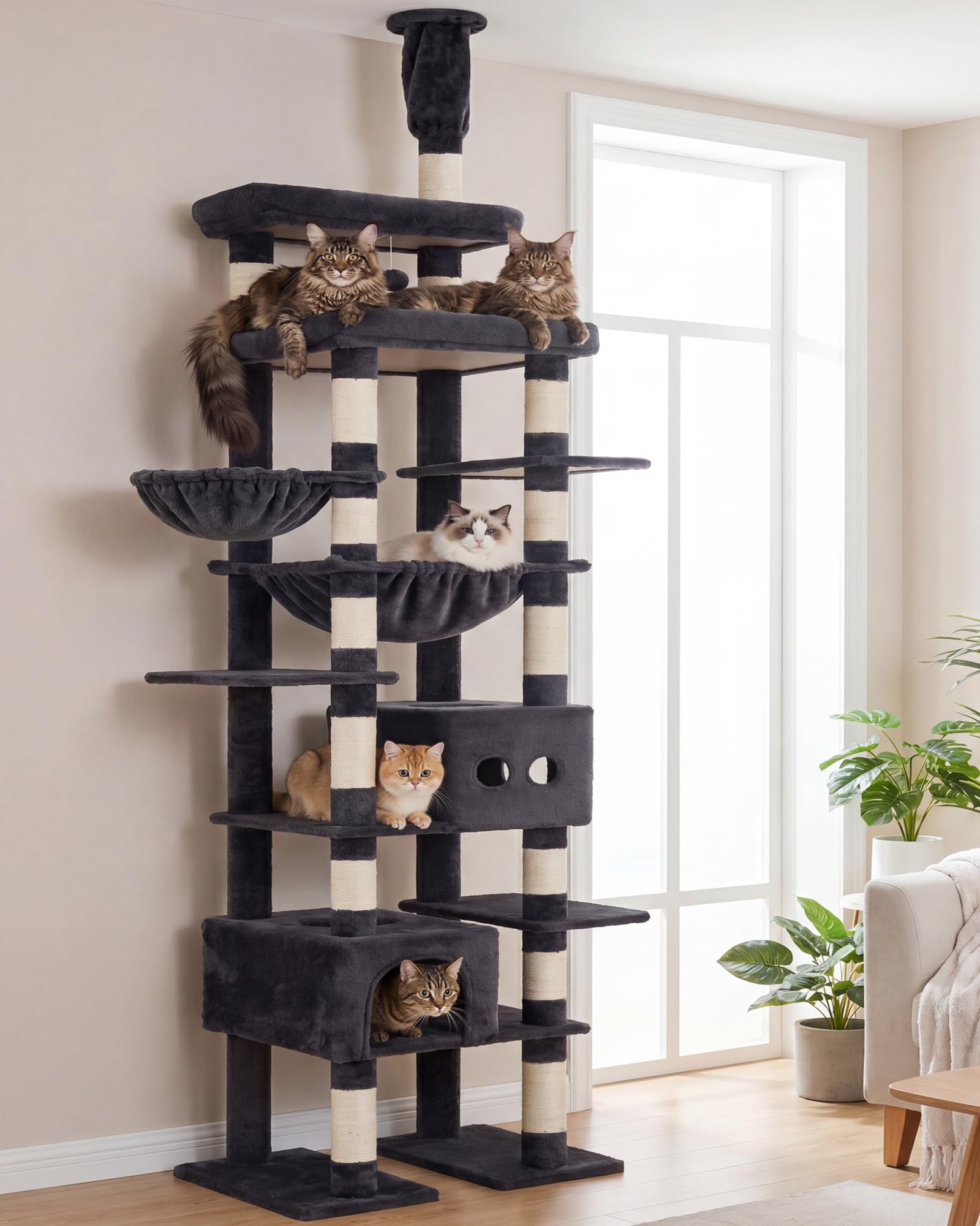 Drapak dla kota Heybly XXL, 266–296 cm, wysokość sufitu, platforma górna i szeroka podstawa, 2 legowiska dla kotów, hamaki, kosze dla kotów, 15 słupków sizalowych do drapania, Dymny Szary HCT092G