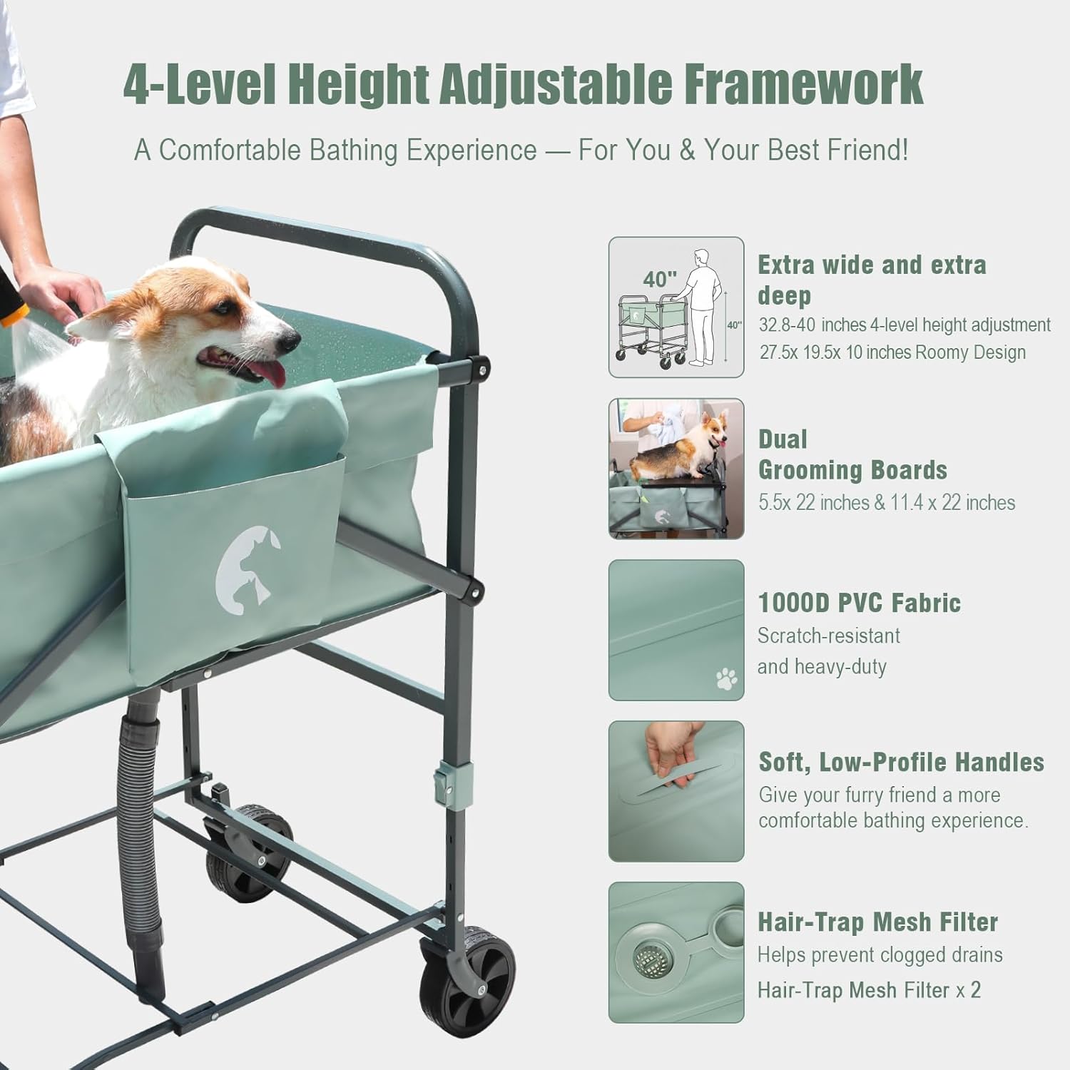 Adjustable Dog Wash Station, 4-Height Elevated Dog Bathtub for Small Medium Dogs (33lbs), Folding 3-in-1 Grooming Tub with Drainage, Indoor Outdoor