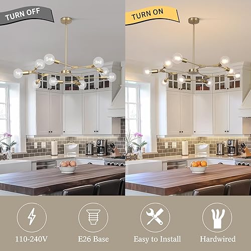 Miniatura 4 de KCO Lighting Modern Sputnik - Lámpara colgante de latón cepillado, lámpara industrial empotrada, lámpara colgante ajustable para sala de estar