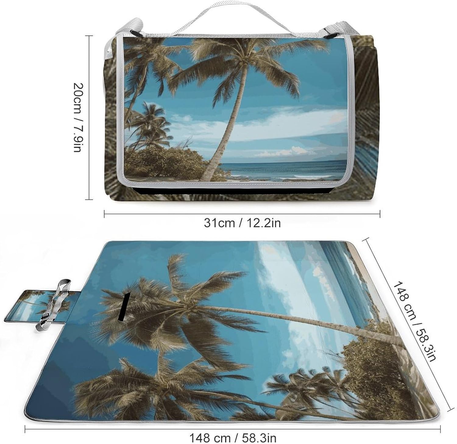 Beach Coconut Tree Waterproof Picnic Blanket 58.3''x58.3'',Portable and Foldable Picnic Mat with Handle,Outdoor Blankets for Lawn Park Beach Travel