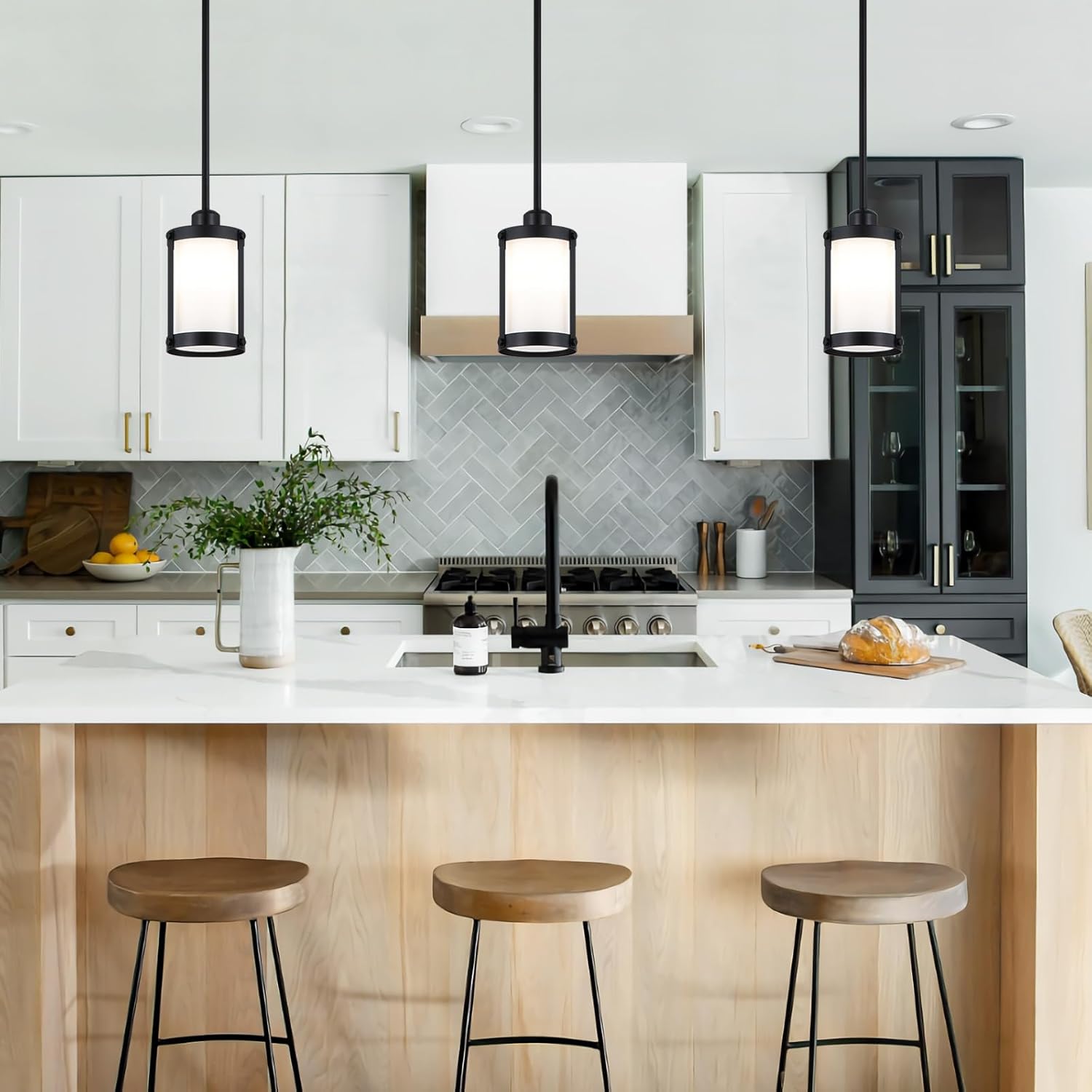 Black Milk Glass Pendant Light Kitchen Island,Modern Art Deco Chandelier Mini Pendant Lighting,Farmhouse Hanging Light Fixtures Over Sink for Dining Room