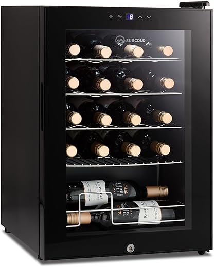 Subcold Viva20 LED – Table-Top Wine Fridge Black | 3-18°C | 20 Bottle Capacity | 57L Counter-Top Cooler | LED + Lock & Key | Glass Door Drinks Cellar | Single-Zone