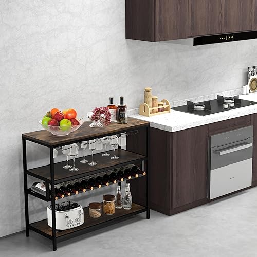 Miniatura 8 de Giantex Mesa de vino industrial de 4 niveles, gabinete de barra de madera de 13 botellas con soporte para 20 vasos, estante de almacenamiento con