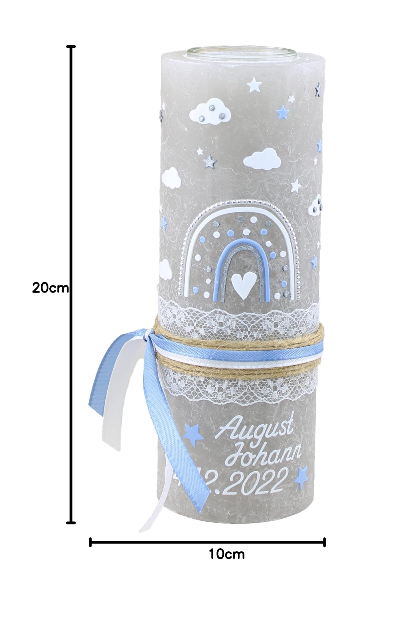 Taufkerze Rustik AUGUST Junge oder Mädchen mit Name und Datum, individuell und handverziert 1769