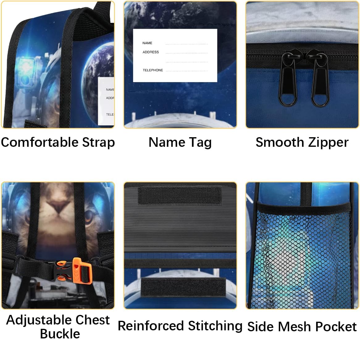 Kids Backpack Astronaut Cat Bookbag Toddler Backpack Outer Space Kitty Universe Planet Preschool Bag with Adjustable Chest Strap for Boys Girls