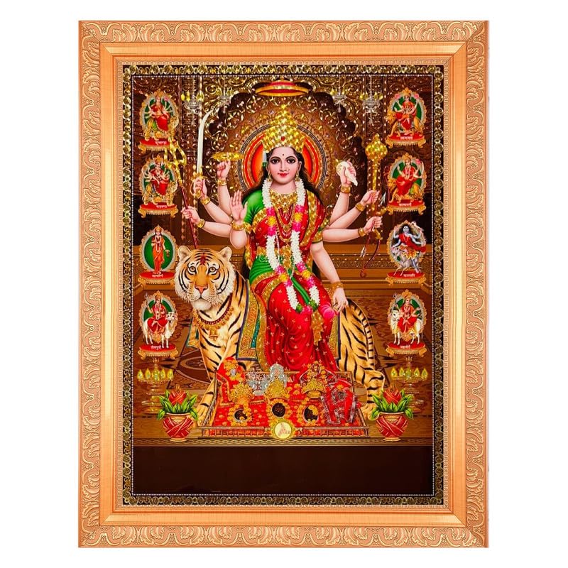 BM TRADERSNav Durga With Crystal Effect Art Work Photo In Golden Frame Big (14 X 18 Inches)