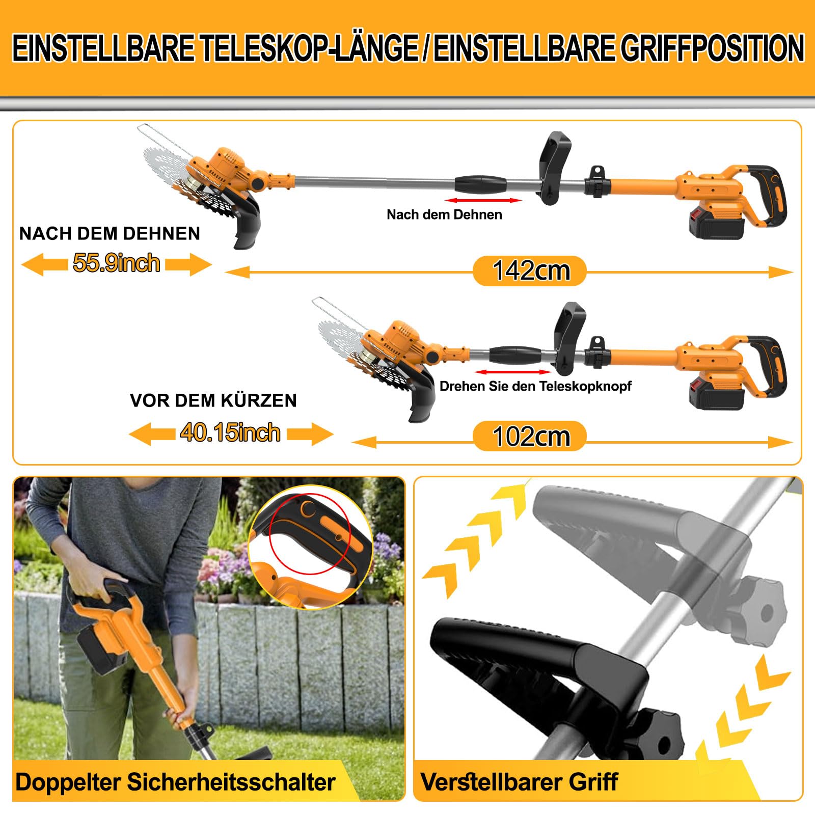 Rasentrimmer mit Akku, 4 in 1 Rasentrimmer mit Unkrautbürste 21V Bürstenloser Freischneider Akku, Teleskop, Verstellbarer, für Garden Trimmen, Orange