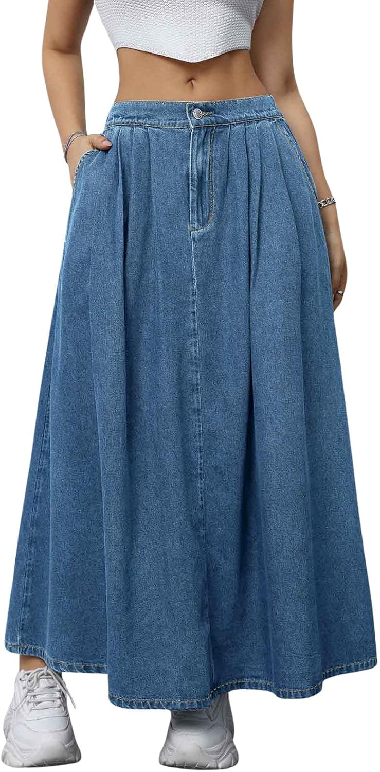 ebossy Women's Casual Pleated Back-Elastic Waist A-line Flowy Draped Maxi Denim Skirts with Pockets