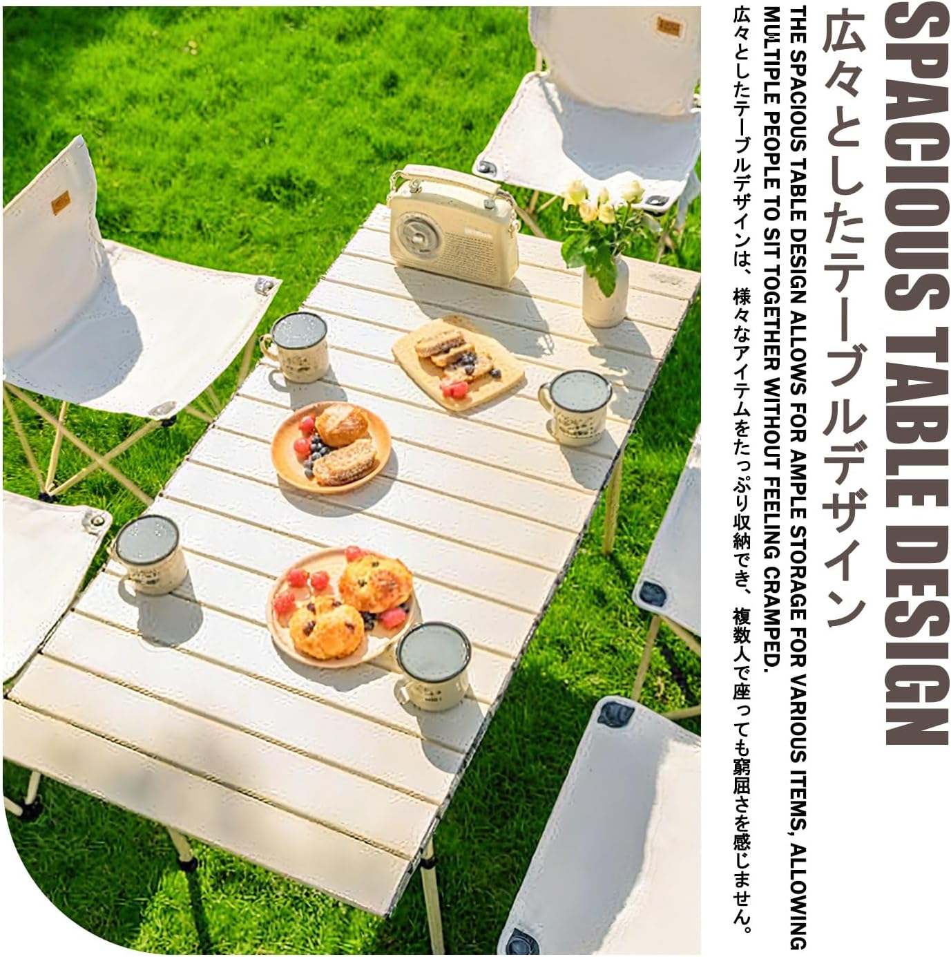 Outdoor Folding Table and Chairs Set，Foldable Camping Table Set with Chair，Lightweight and Easy to Carry, Suitable for Garden, Party, Picnic, Barbecue.(White,121CM+6 Chairs)