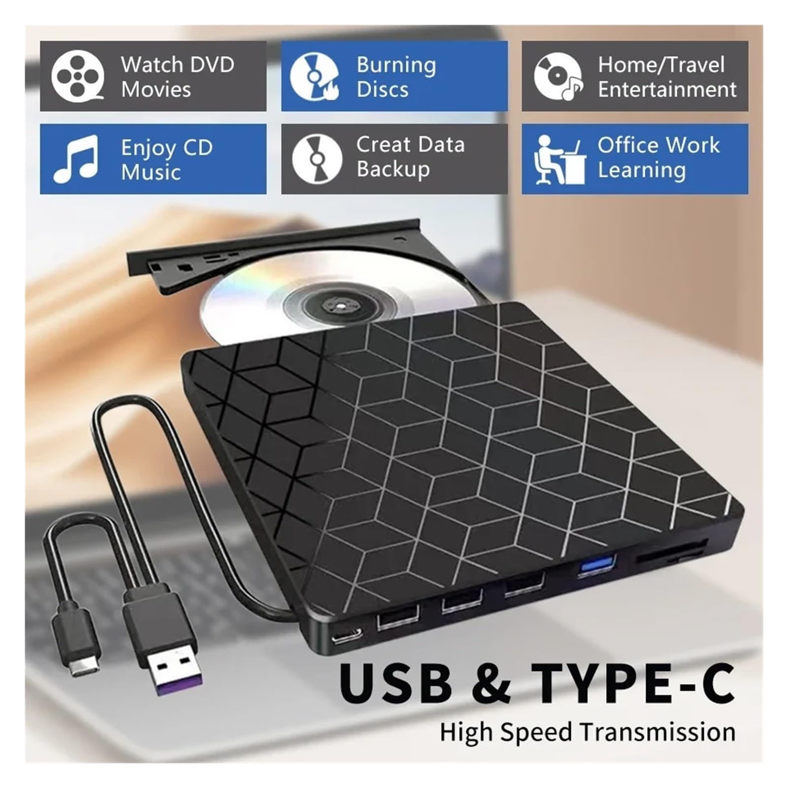 7 W 1 Zewnętrzna Nagrywarka DVD, Napęd Optyczny USB 3.0 Typu C, Nagrywarka CD DVD, Przenośny Czytnik Do Laptopa, Komputera Stacjonarnego, Notebooka