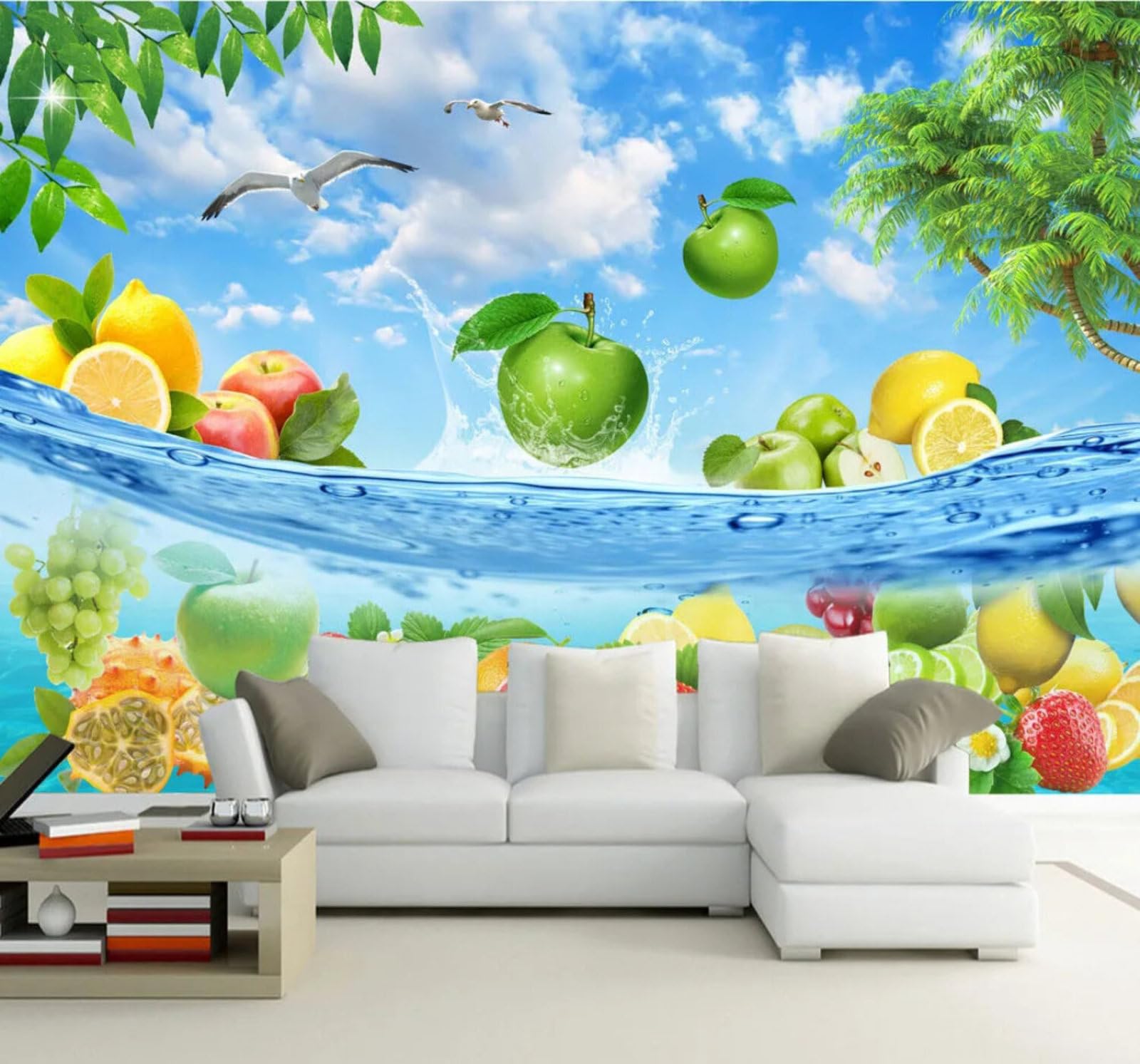 Wallpaper-3D-Xlm 150Cm×105Cm(B×H) Fresh Blue Sky Fruit Summer Seaside 3D Wallpaper Easy Install Feature Office Living Room Sofa Bedroom Tv Background Wall Decoration-150Cm×105Cm