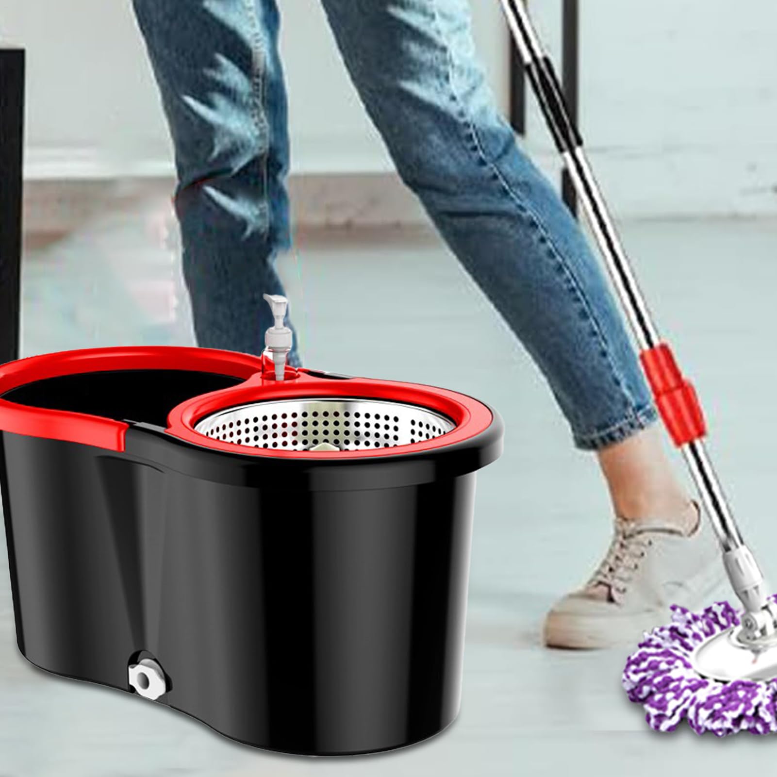 Juego De Fregona Giratoria - Cubo para Trapeador con Escurridor | Kit De Cubo De Fregona Giratorio De 360° con 2 Cabezales De Repuesto para En Salas De Estar, Cocinas Y Oficinas