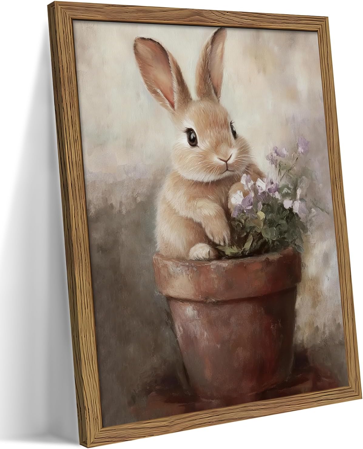 Framed Vintage Easter Wall Art, Cute Rabbit in Flower Pot Picture Prints, Cottage Farmhouse Bunny Canvas Artwork, Holiday Wall Decor for Kids Room Girls Bedroom Living Room 12x16 inch