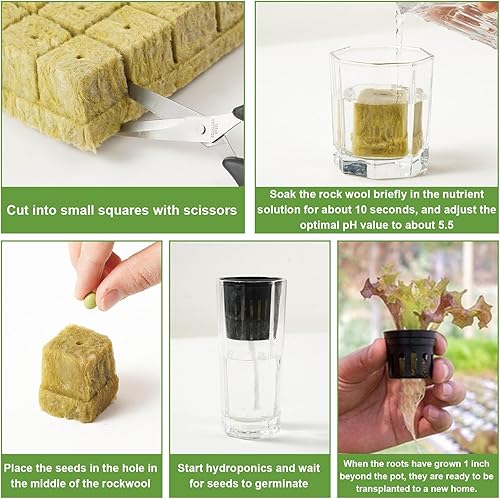 Miniatura 3 de ECcandiedhaws Paquete de 76 cubos hidropónicos de lana de roca con bandeja de malla, paquete de 22 tazas de malla ranuradas, 22 piezas de cuerda