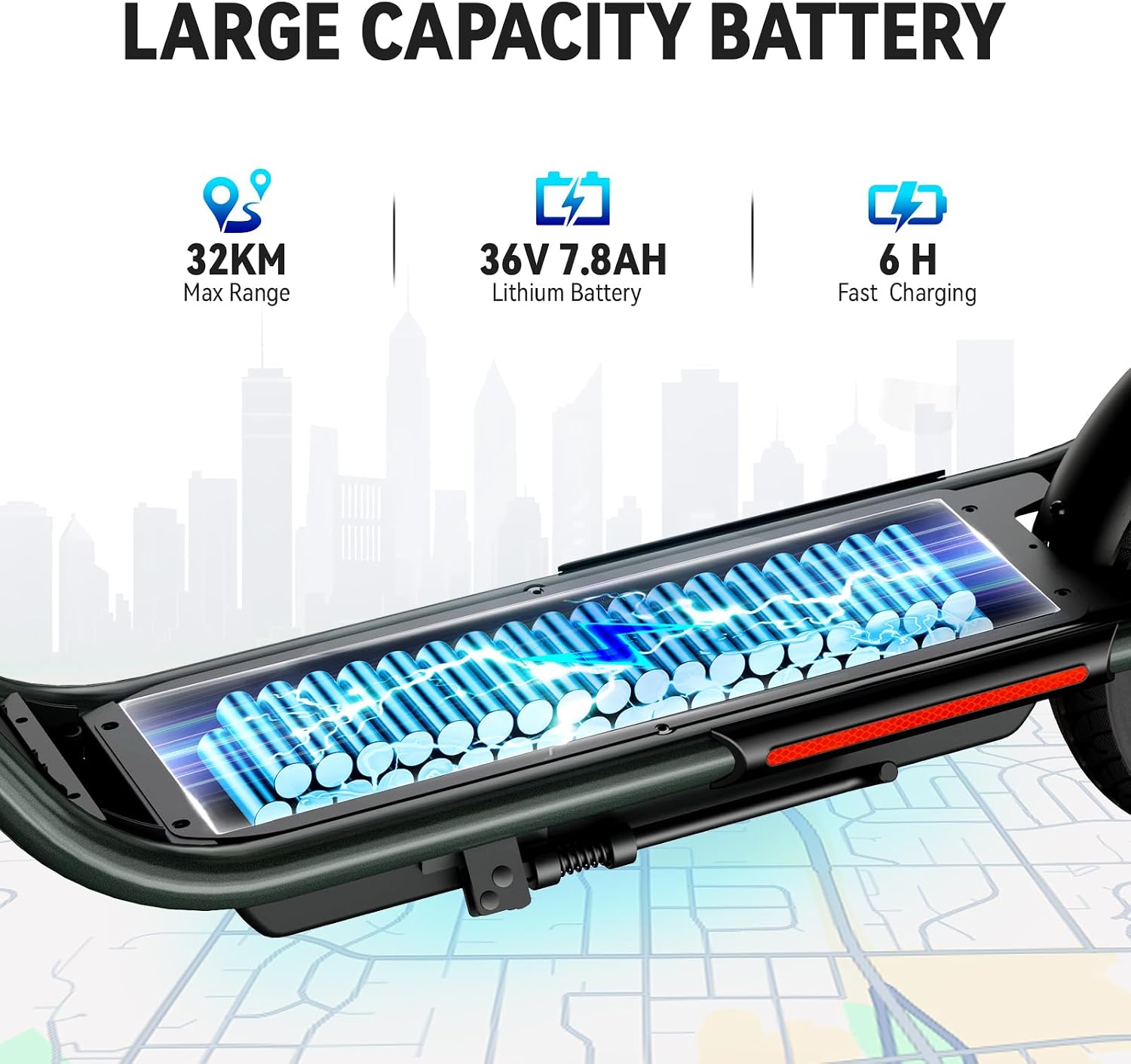 Powerful 300W rated motor with 25 KM/H max speed and 15 degree max slope