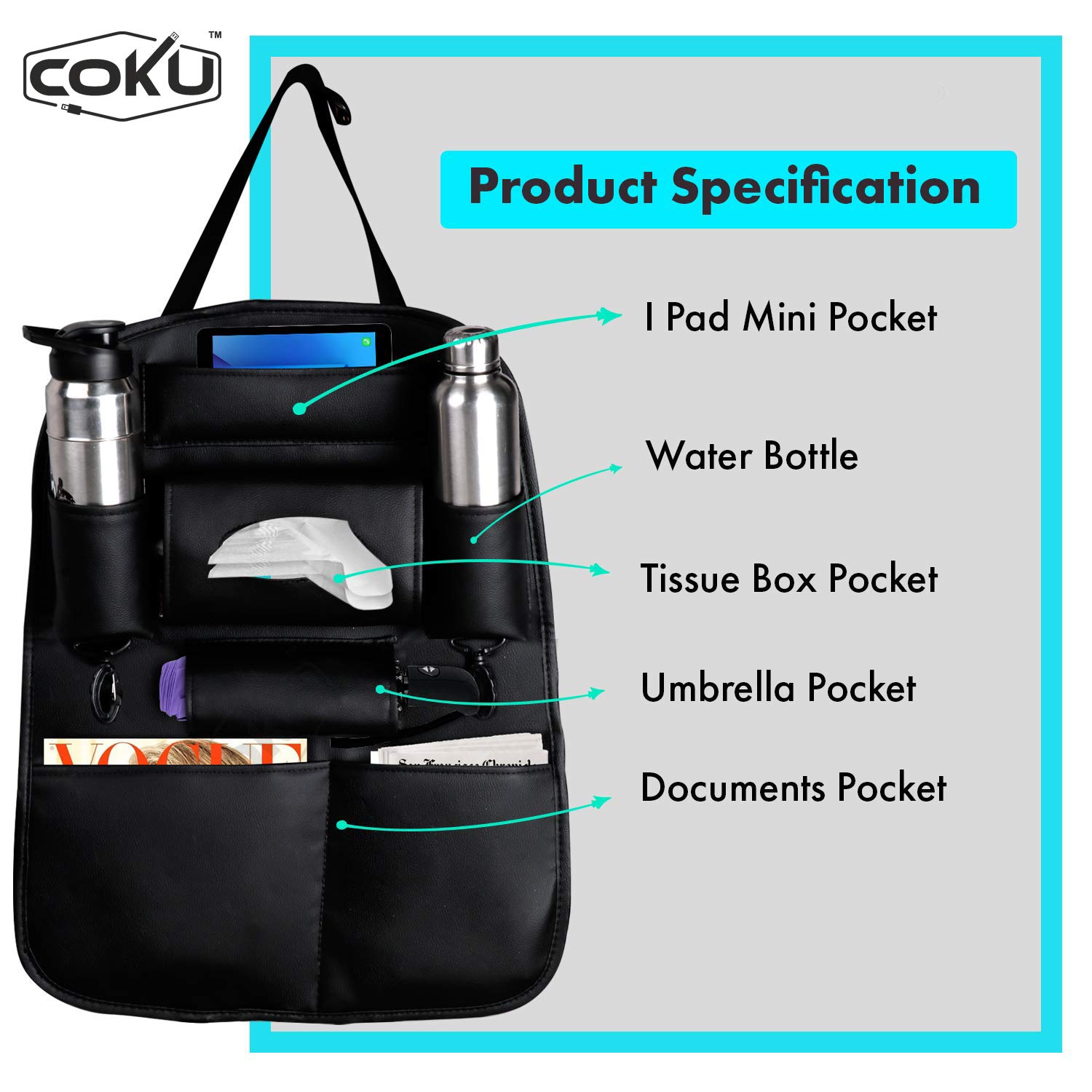 coku Universal Back Seat Car Organizer Multi Pocket Storage with Document, Water, Bottle Tablet and Tissue Holder (Black) - Image 3 thumbnail