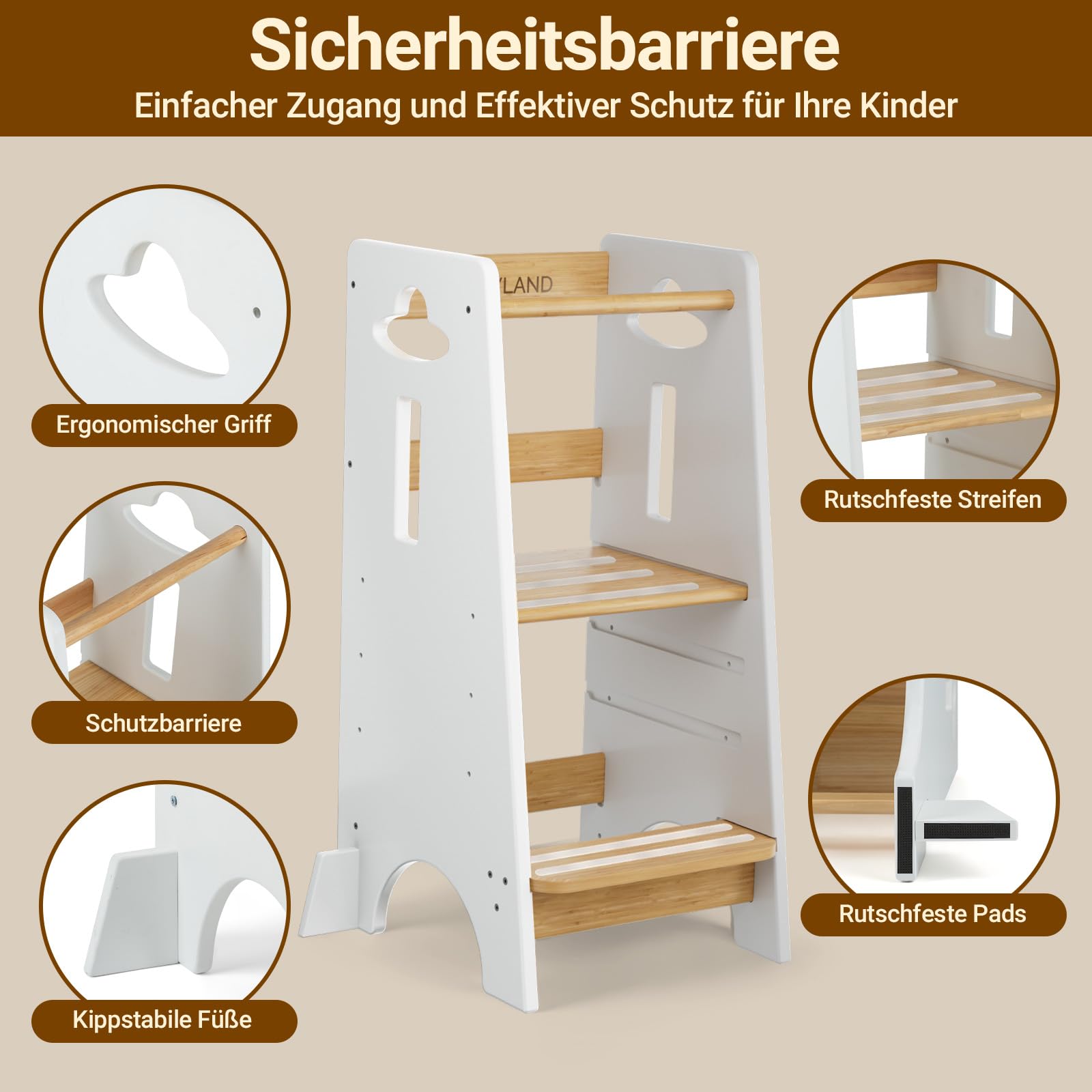 COSYLAND Lernturm ab 1 Jahr - Höhenverstellbarer Learning Tower für Kinder (3-stufig) - Montessori mit Kippschutz & Massivholz (Weiß und Holz)