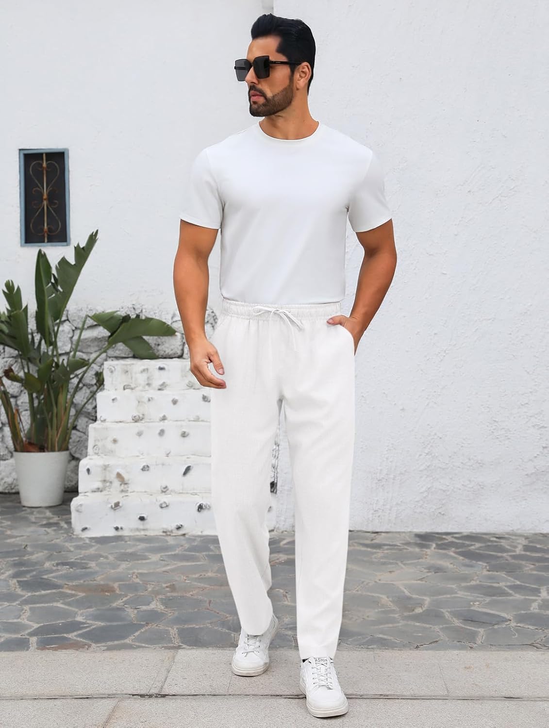 Makkrom Mens Casual Pants Drawstring Elastic Waist Lightweight Linen Pants Loose Fit Summer Beach Yoga Trousers - Image 6