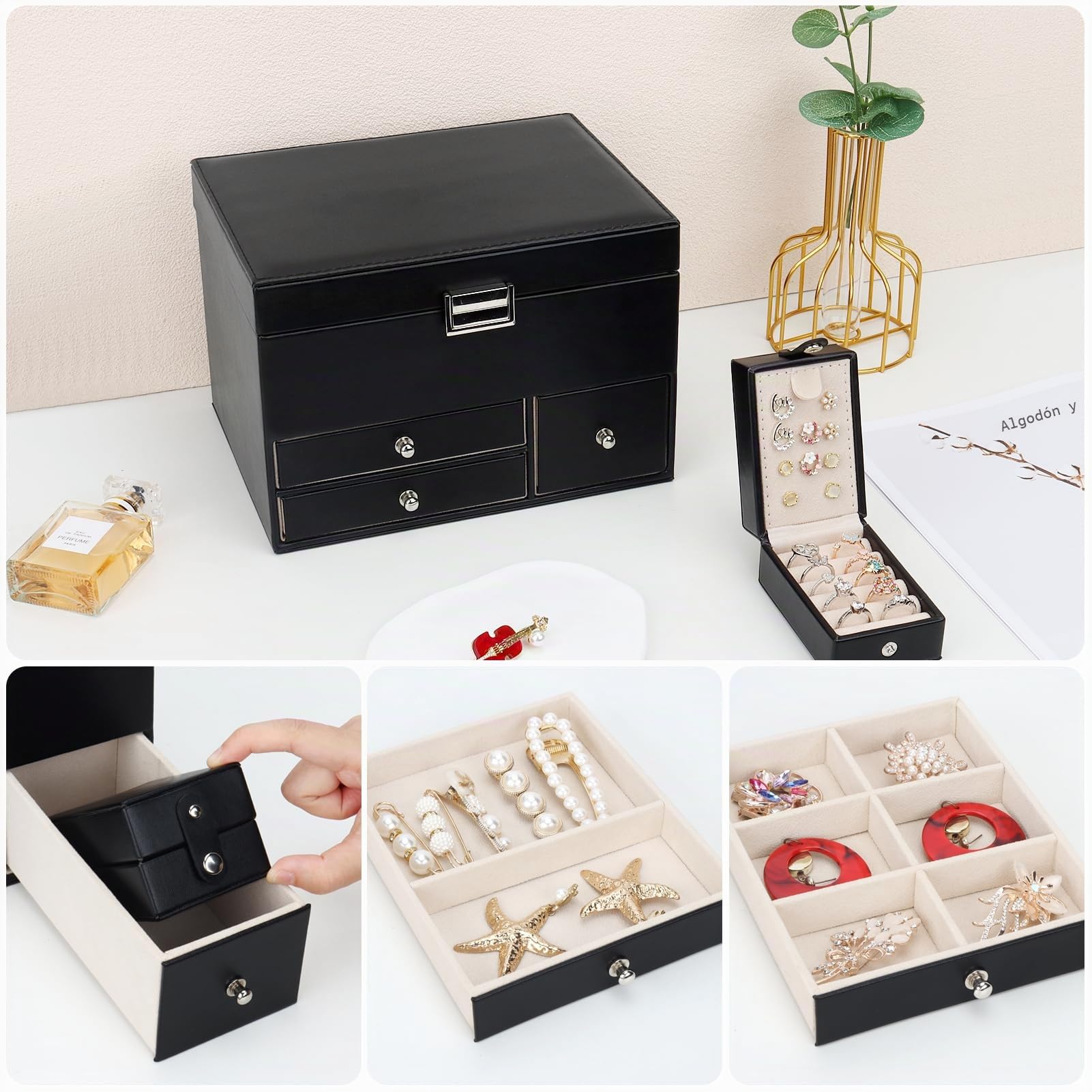 Caja Joyero de 3 Capas de PU, Joyeros Mujer Organizador Grande con Cajones, con Mini Caja Portátil para Viajar, Caja Organizador de Joyas para collares, pendientes, anillos, Negro