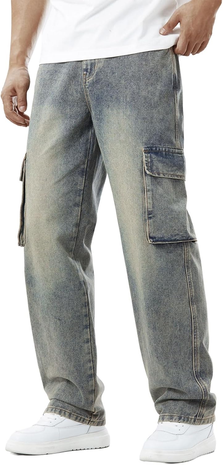 Mens Baggy Jeans Y2K Streetwear Wide Leg Acid Wash Skater Denim Pants Cargo and Carpenter Trousers