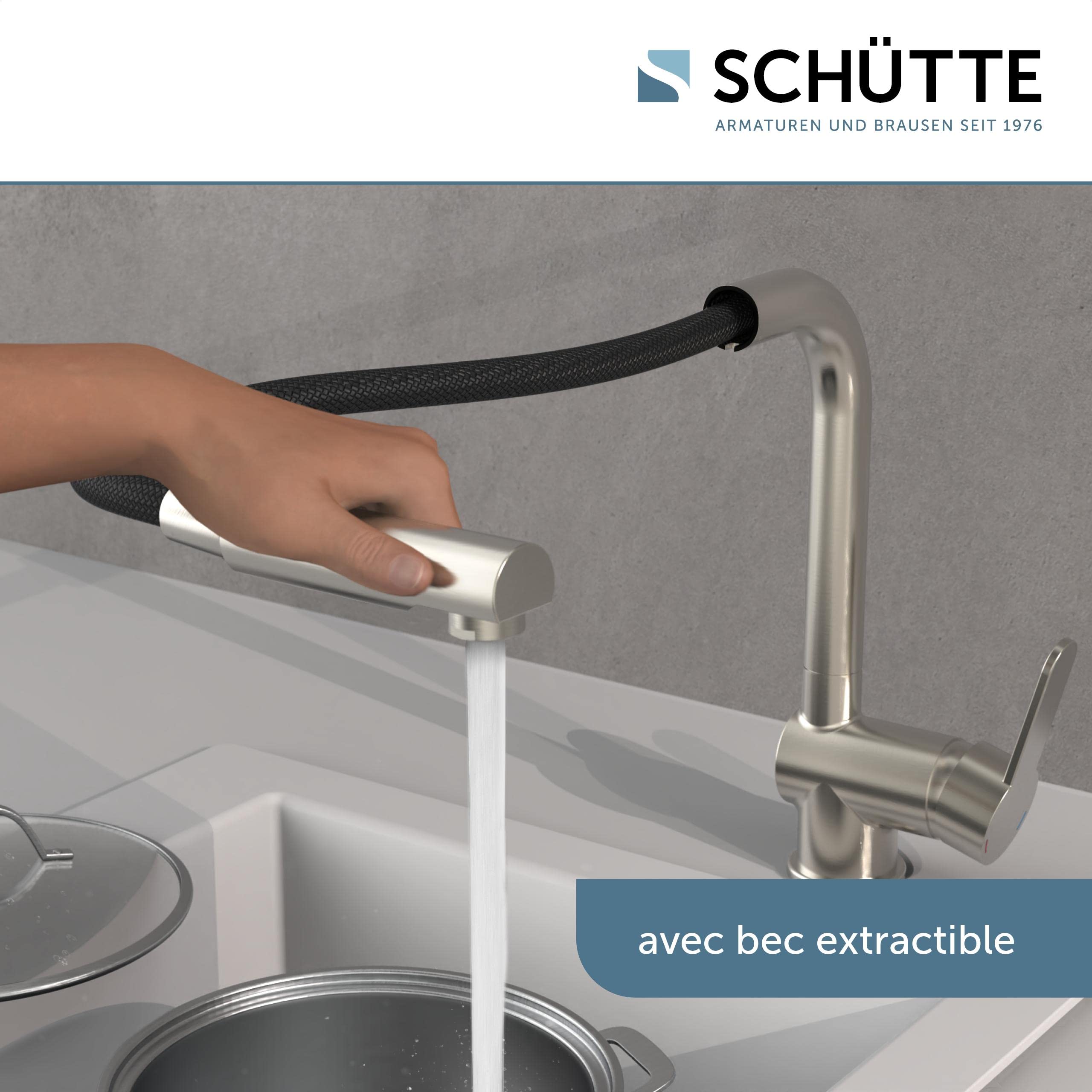 SCHÜTTE London Robinet Cuisine avec Douchette Extensible Mitigeur Rabattable Mitigeur Robinet Evier de Cuisine avec Douchette, Rotative à 360° Froid & Chaud Disponible, Acier Inoxydable