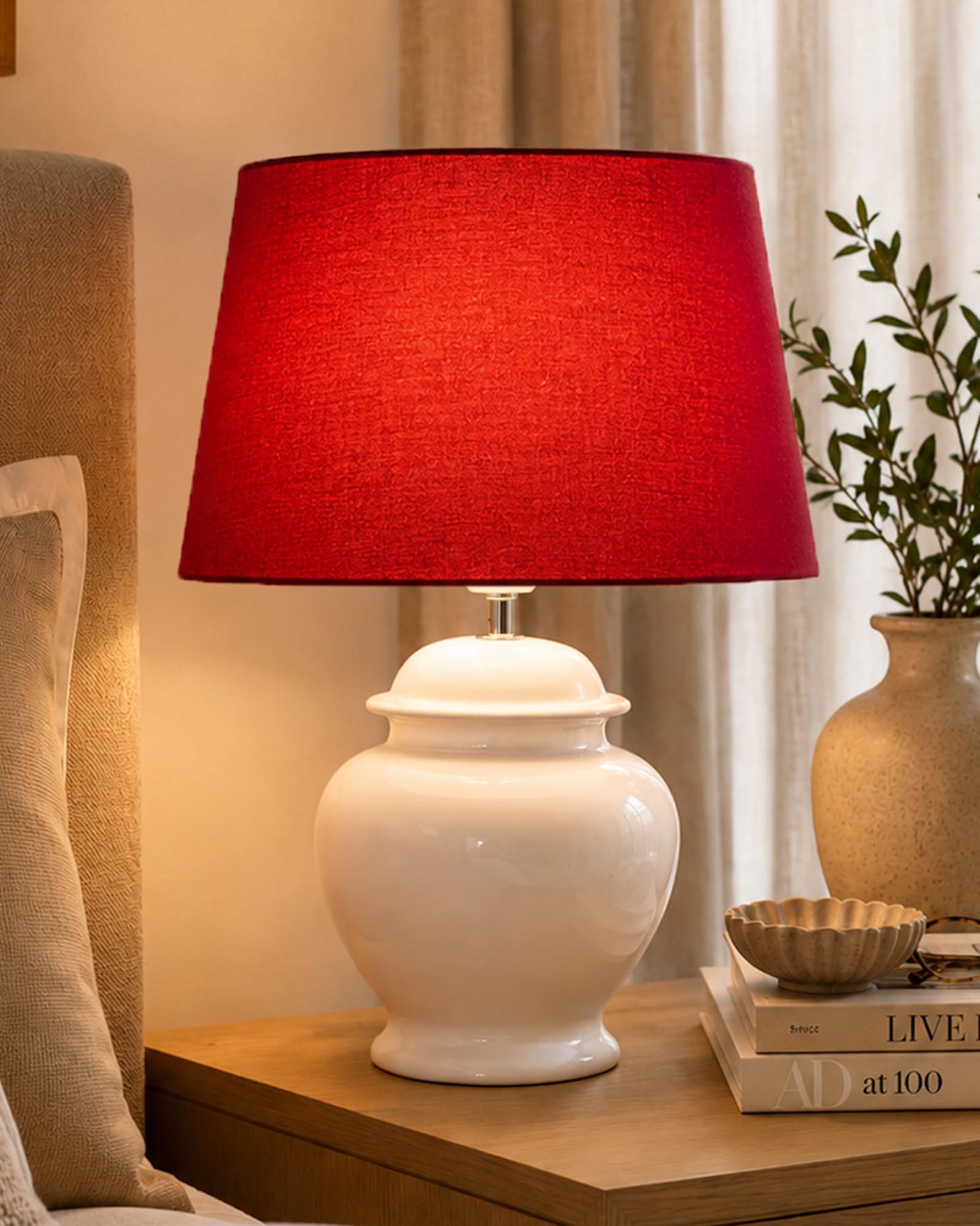 Homesake Antique Ceramic Pot Shaped Base Table Incandescent Lamp With Shade, Vintage Night Incandescent Lamp Decoration, Home Decor Items | Pack Of 1 -Red