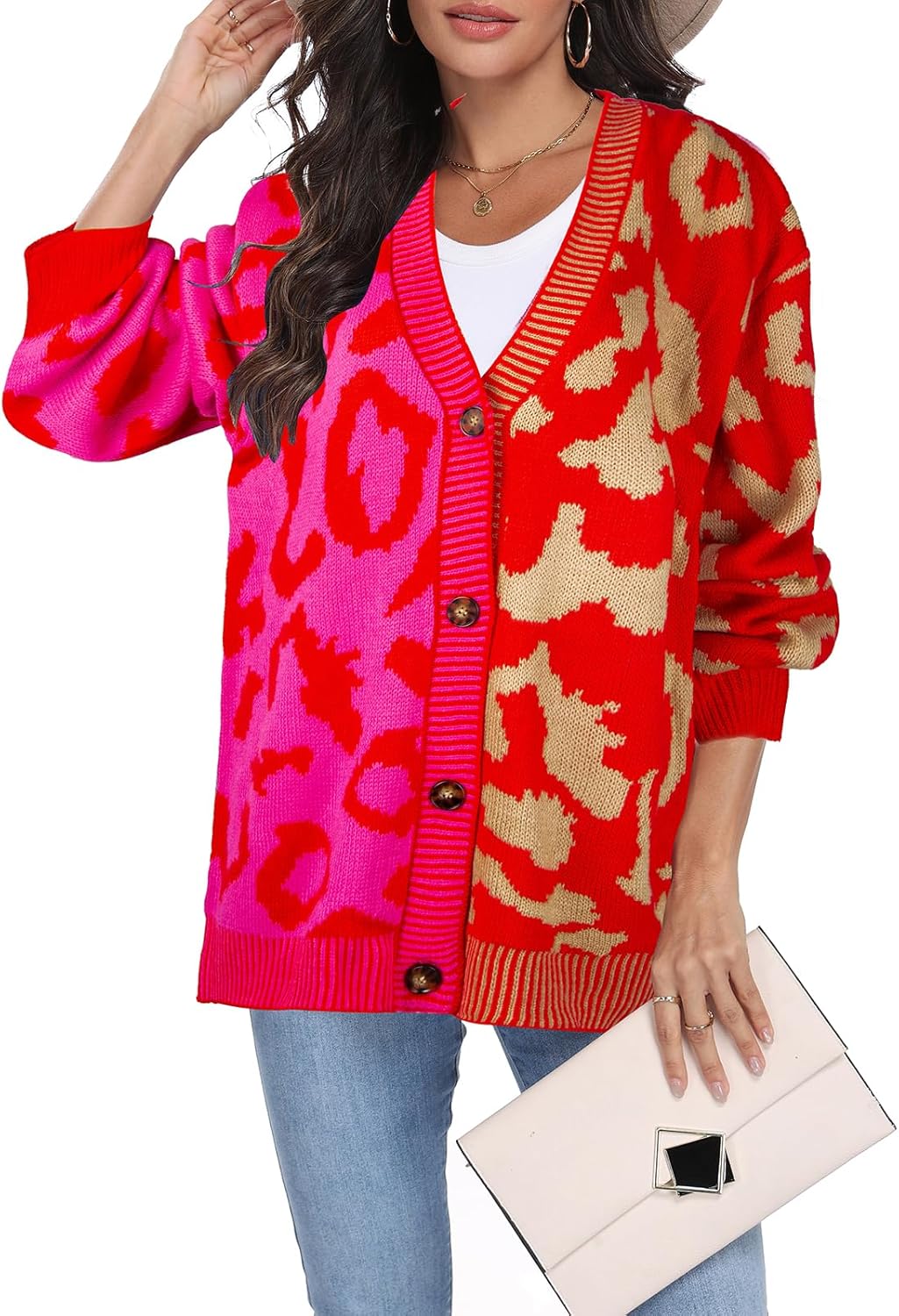 Miusey Women's Leopard Print Cardigan V Neck Open Front Long Sleeve Color Block Button Down Sweater Outwear - Image 2